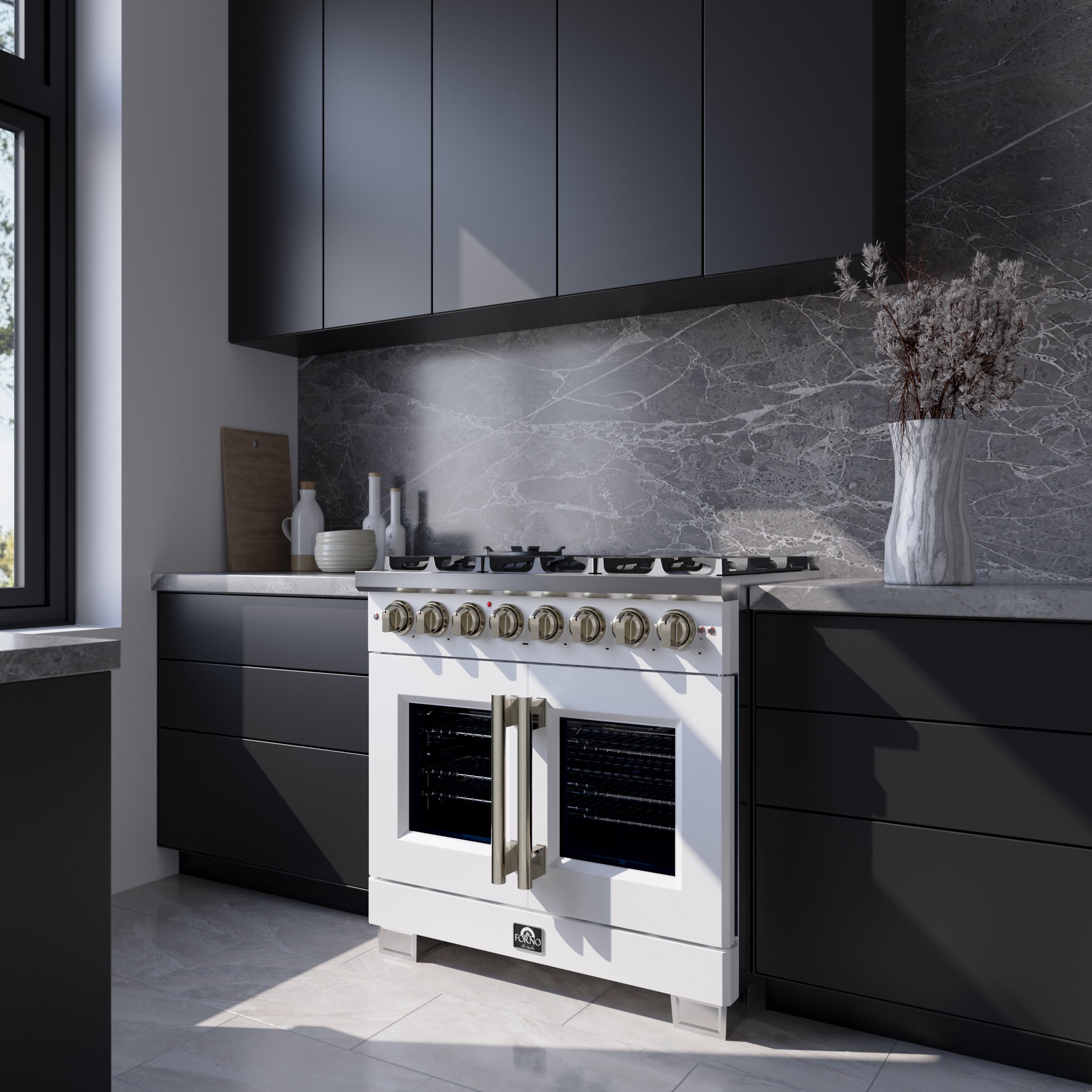 Capriasca 36 Inch Freestanding French Door Dual Fuel Range in with Antique Brass Accessories, 6 Burners, True Convection Oven FFSGS638736WHT