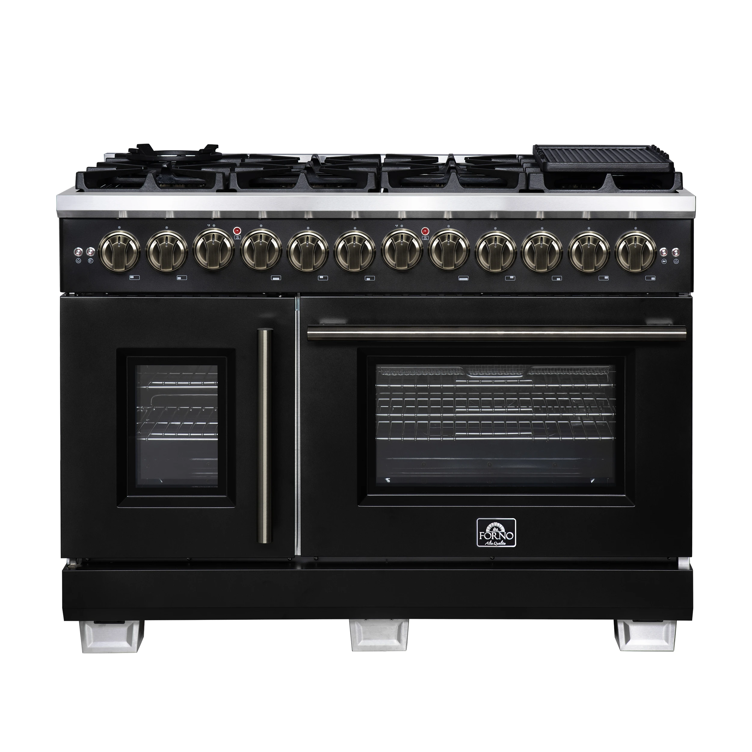 Capriasca 48 Inch Freestanding French Door Dual Fuel Range in Black with Antique Brass Accessories, 8 Burners, True Convection Oven FFSGS638748BLK