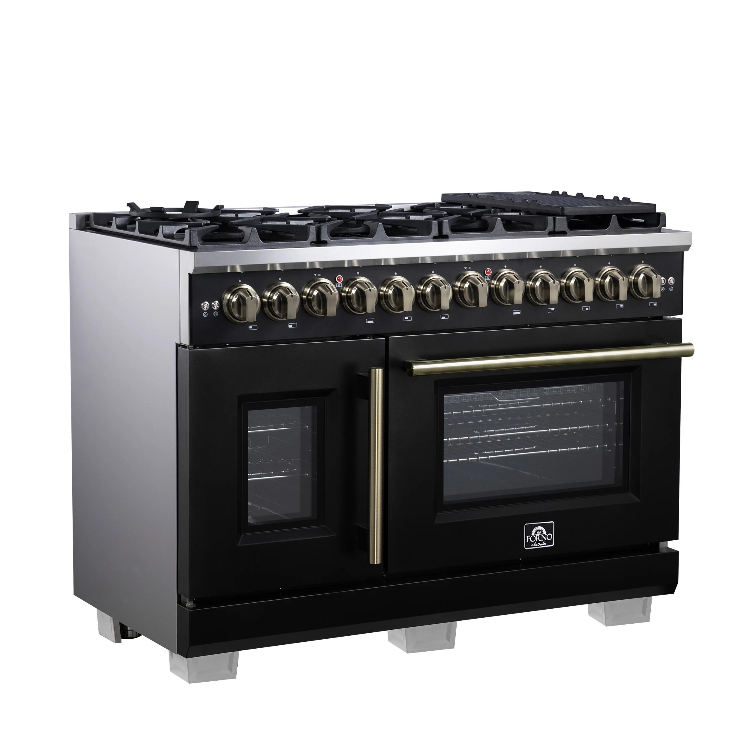 Capriasca 48 Inch Freestanding French Door Dual Fuel Range in Black with Antique Brass Accessories, 8 Burners, True Convection Oven FFSGS638748BLK