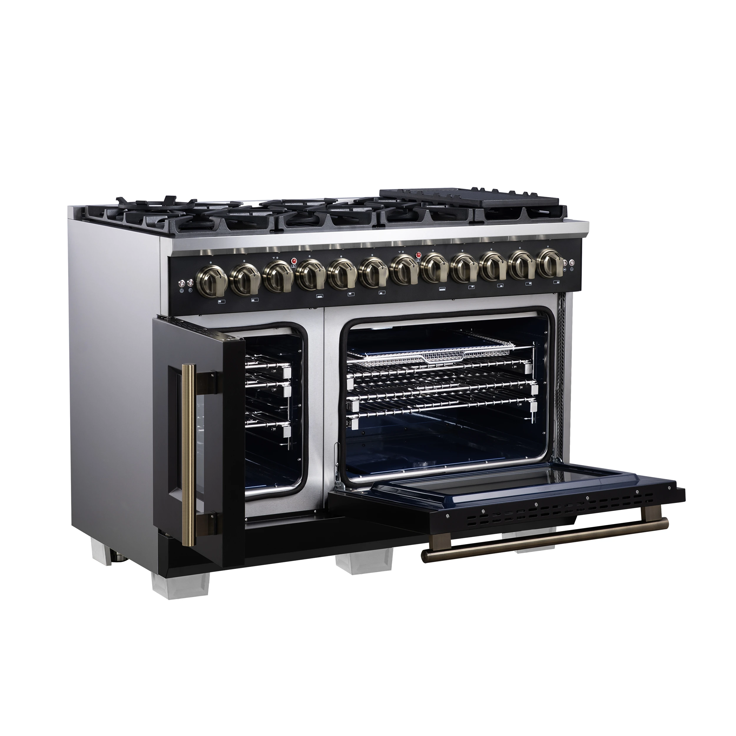 Capriasca 48 Inch Freestanding French Door Dual Fuel Range in Black with Antique Brass Accessories, 8 Burners, True Convection Oven FFSGS638748BLK