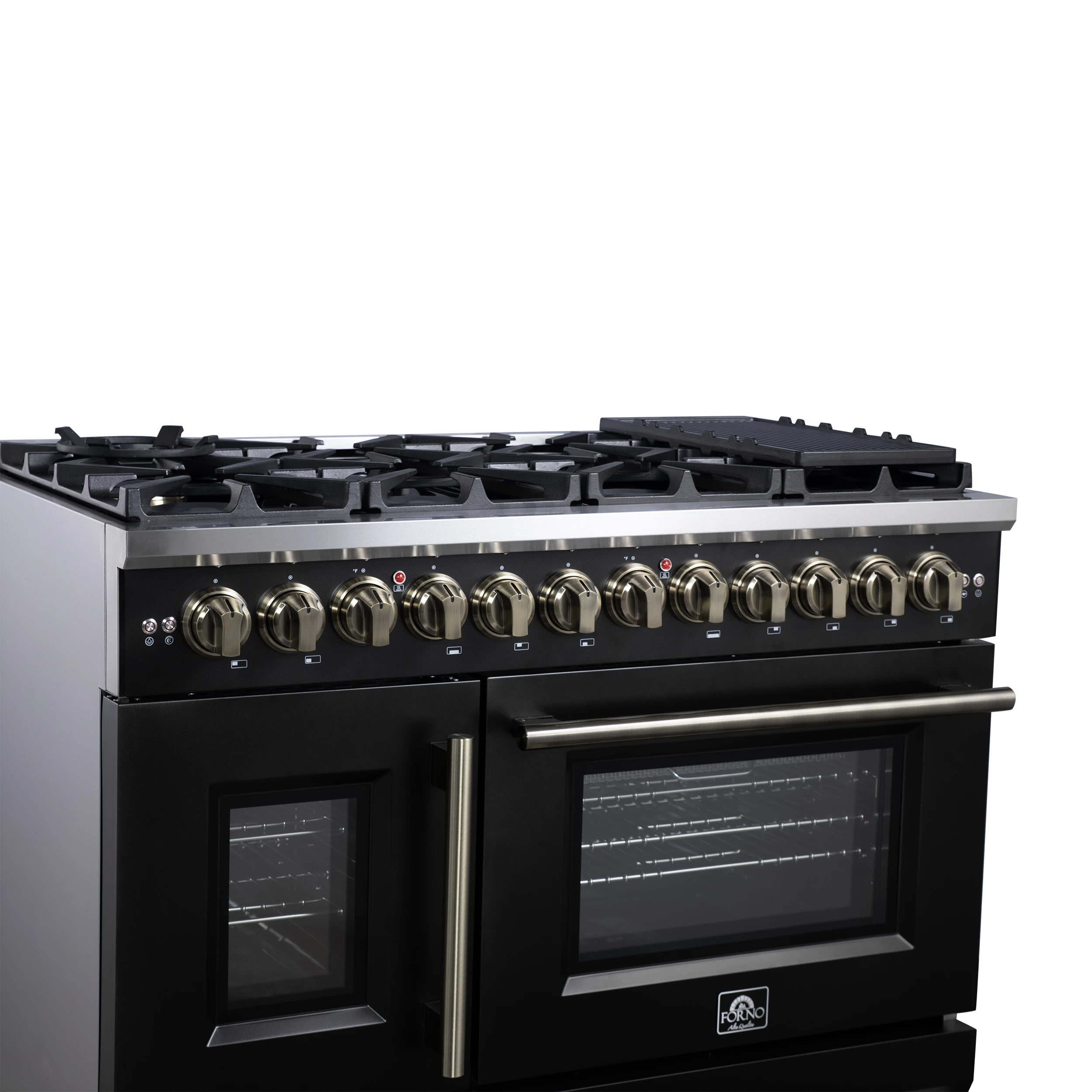 Capriasca 48 Inch Freestanding French Door Dual Fuel Range in Black with Antique Brass Accessories, 8 Burners, True Convection Oven FFSGS638748BLK