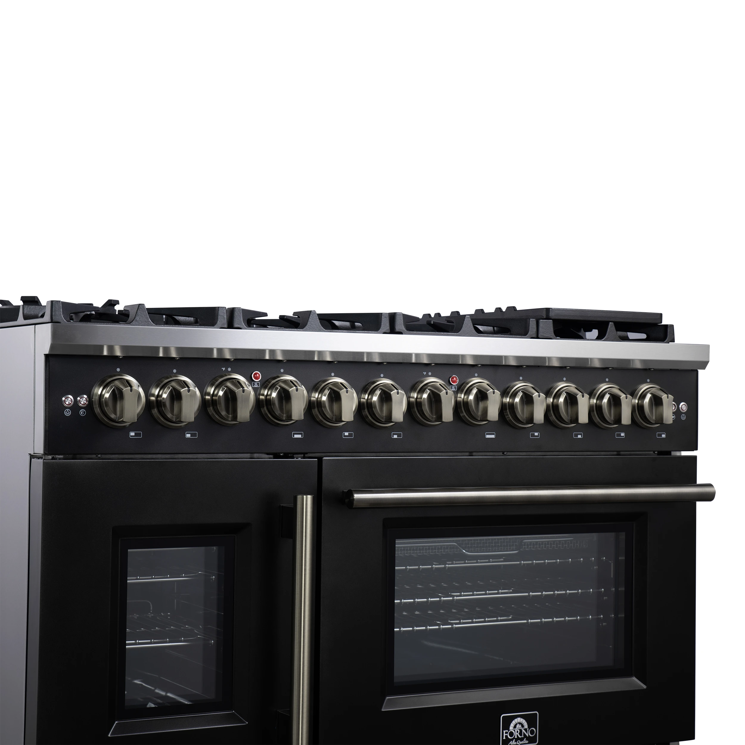 Capriasca 48 Inch Freestanding French Door Dual Fuel Range in Black with Antique Brass Accessories, 8 Burners, True Convection Oven FFSGS638748BLK