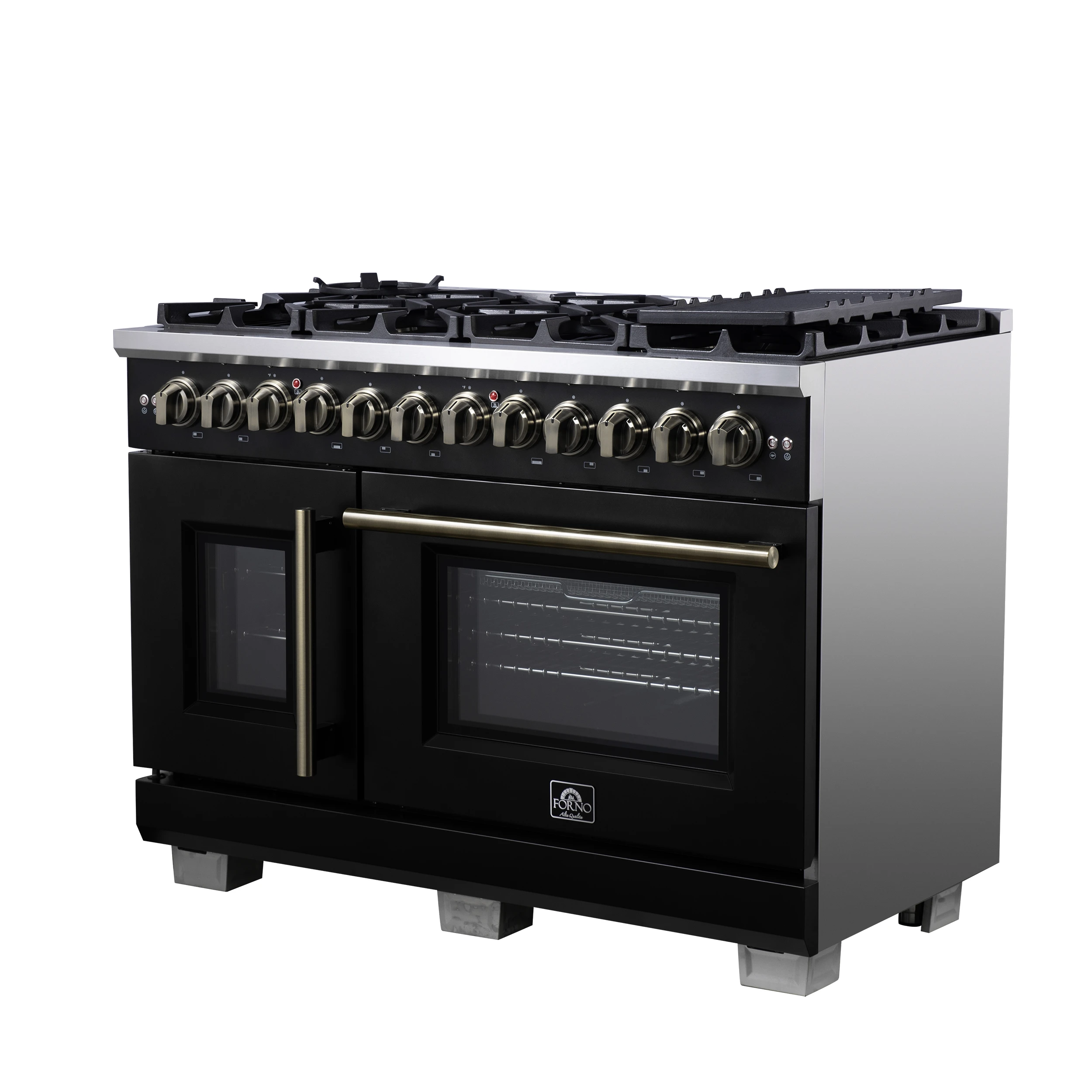 Capriasca 48 Inch Freestanding French Door Dual Fuel Range in Black with Antique Brass Accessories, 8 Burners, True Convection Oven FFSGS638748BLK