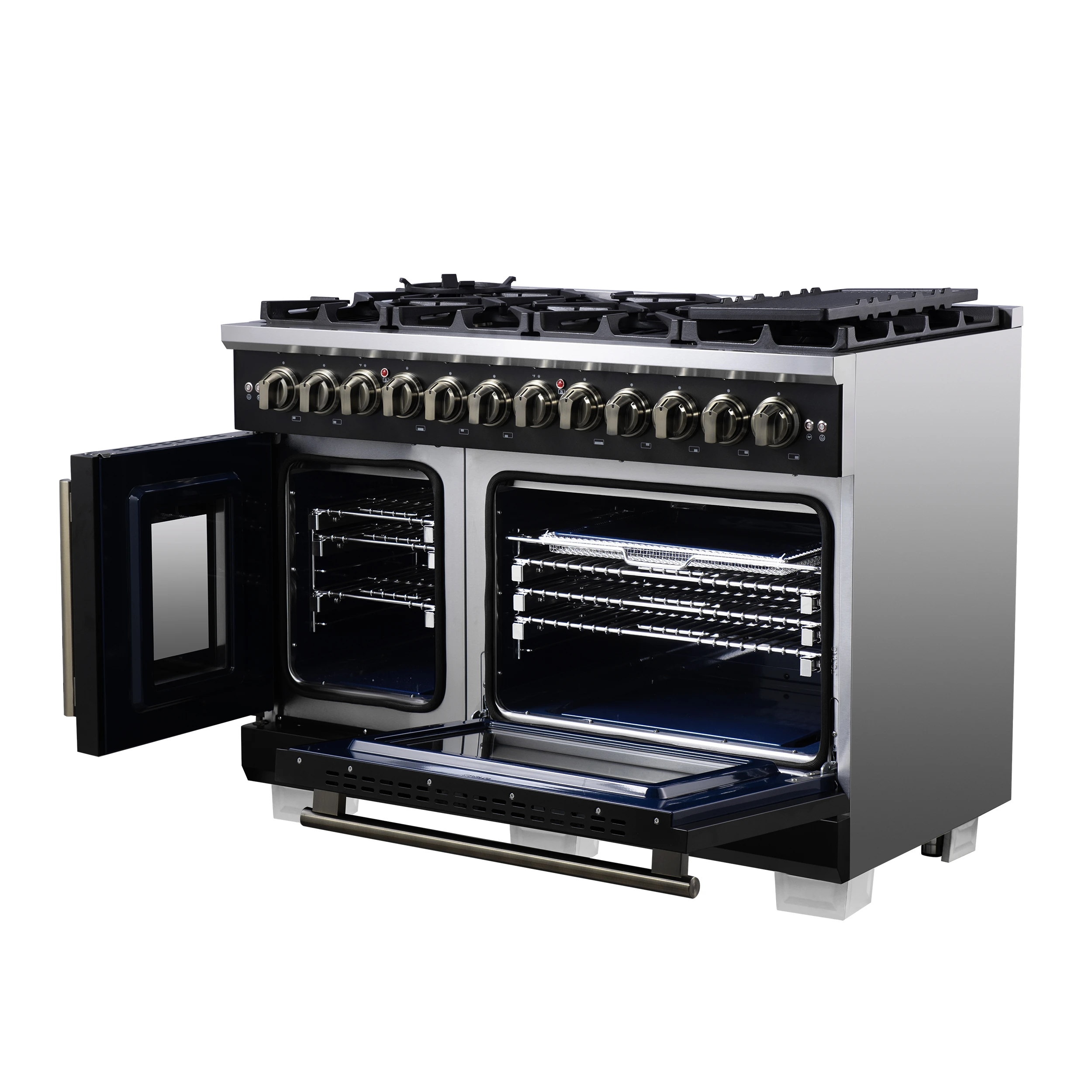 Capriasca 48 Inch Freestanding French Door Dual Fuel Range in Black with Antique Brass Accessories, 8 Burners, True Convection Oven FFSGS638748BLK