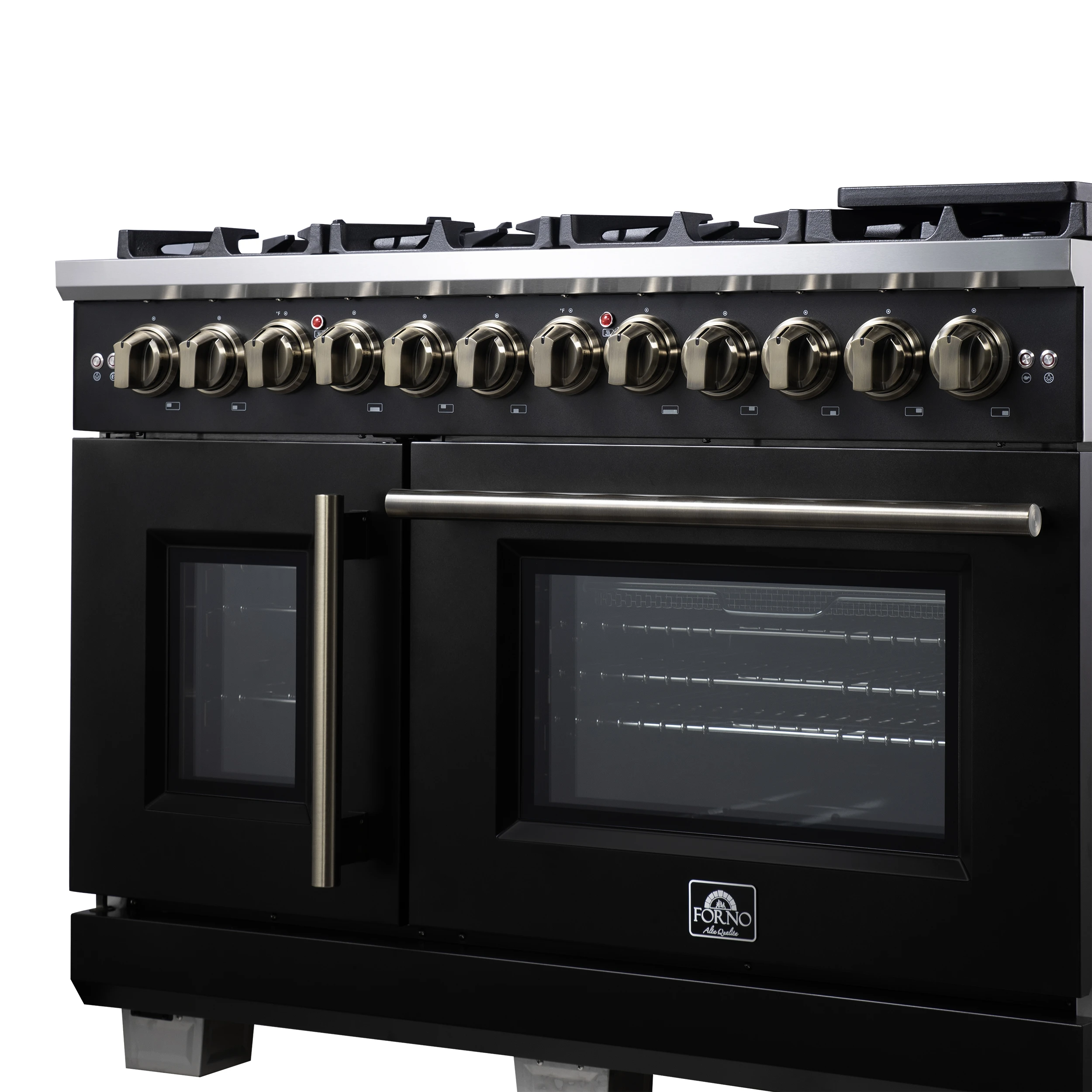 Capriasca 48 Inch Freestanding French Door Dual Fuel Range in Black with Antique Brass Accessories, 8 Burners, True Convection Oven FFSGS638748BLK