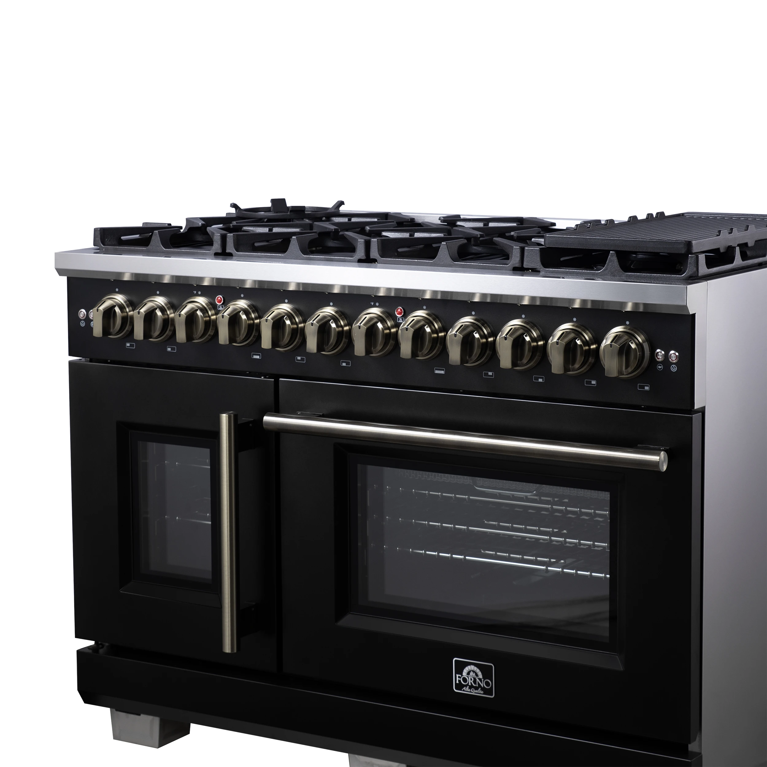 Capriasca 48 Inch Freestanding French Door Dual Fuel Range in Black with Antique Brass Accessories, 8 Burners, True Convection Oven FFSGS638748BLK