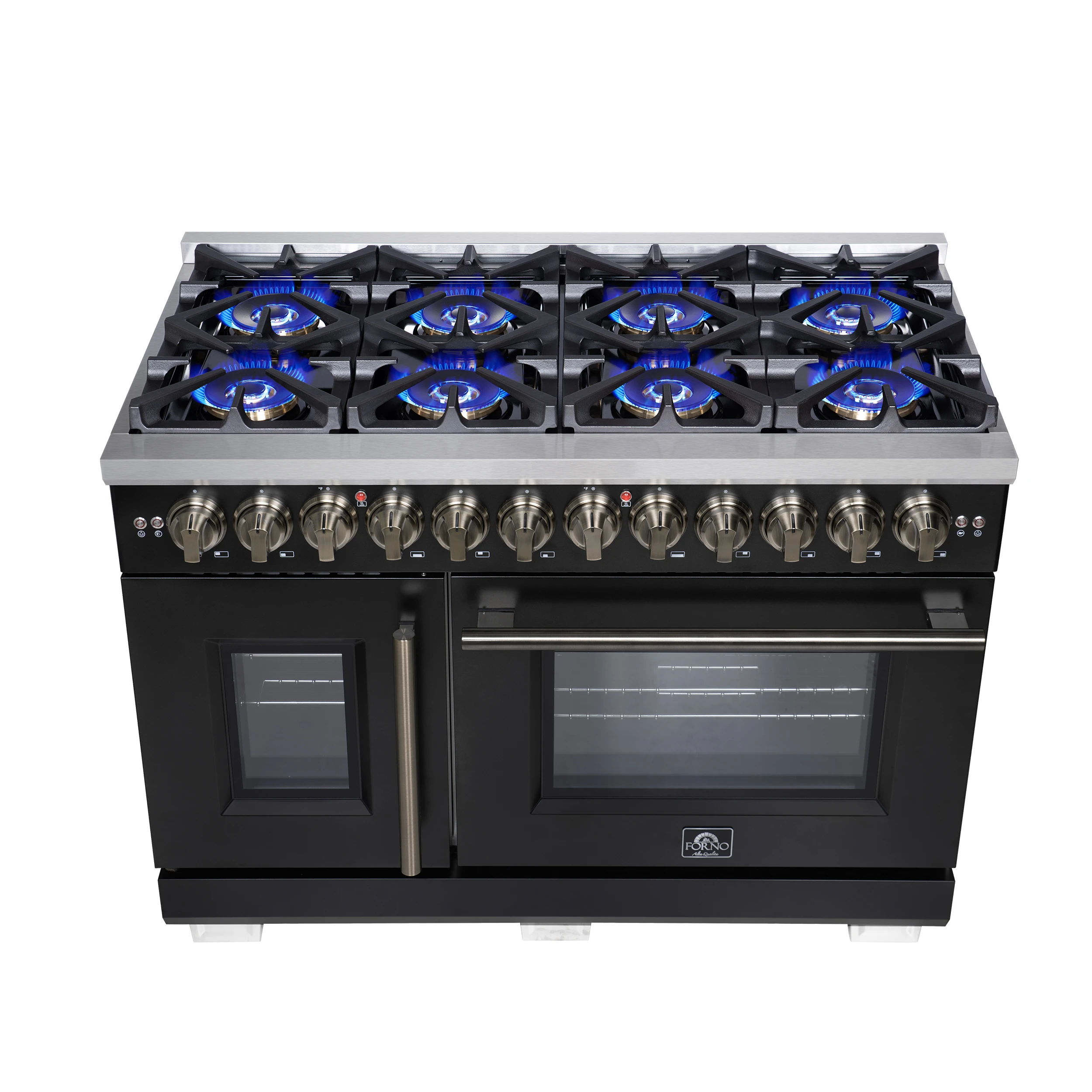 Capriasca 48 Inch Freestanding French Door Dual Fuel Range in Black with Antique Brass Accessories, 8 Burners, True Convection Oven FFSGS638748BLK