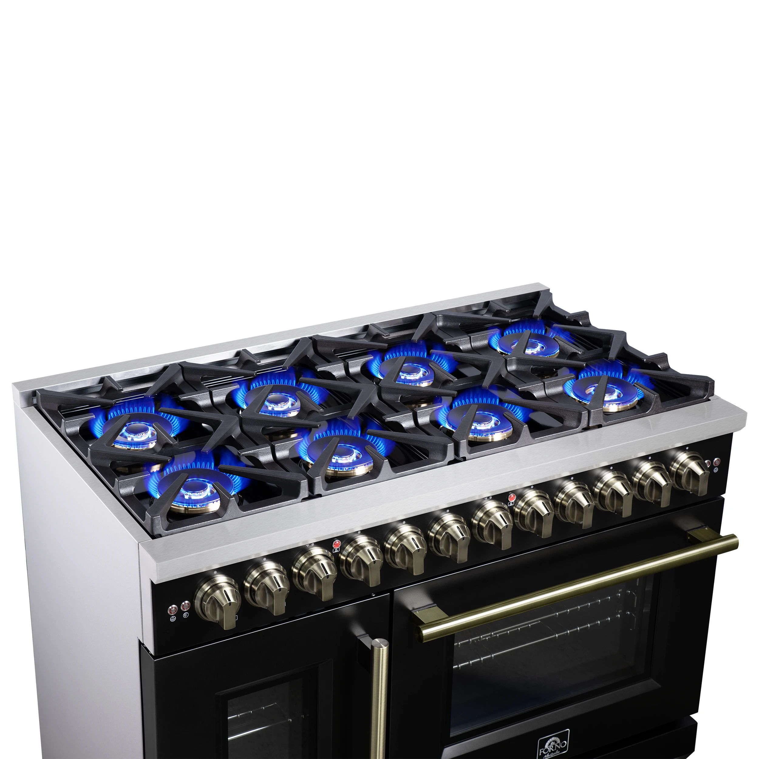 Capriasca 48 Inch Freestanding French Door Dual Fuel Range in Black with Antique Brass Accessories, 8 Burners, True Convection Oven FFSGS638748BLK