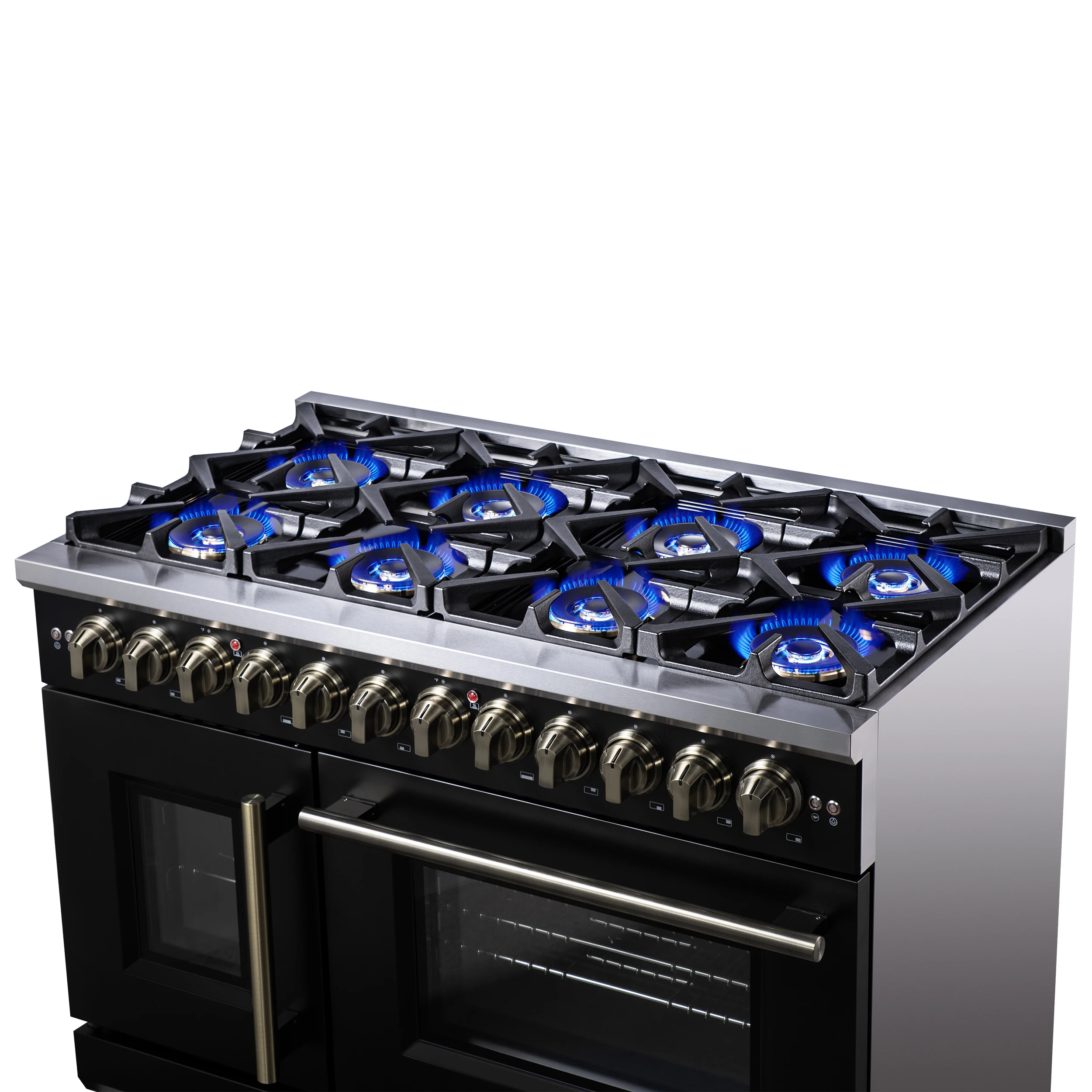 Capriasca 48 Inch Freestanding French Door Dual Fuel Range in Black with Antique Brass Accessories, 8 Burners, True Convection Oven FFSGS638748BLK