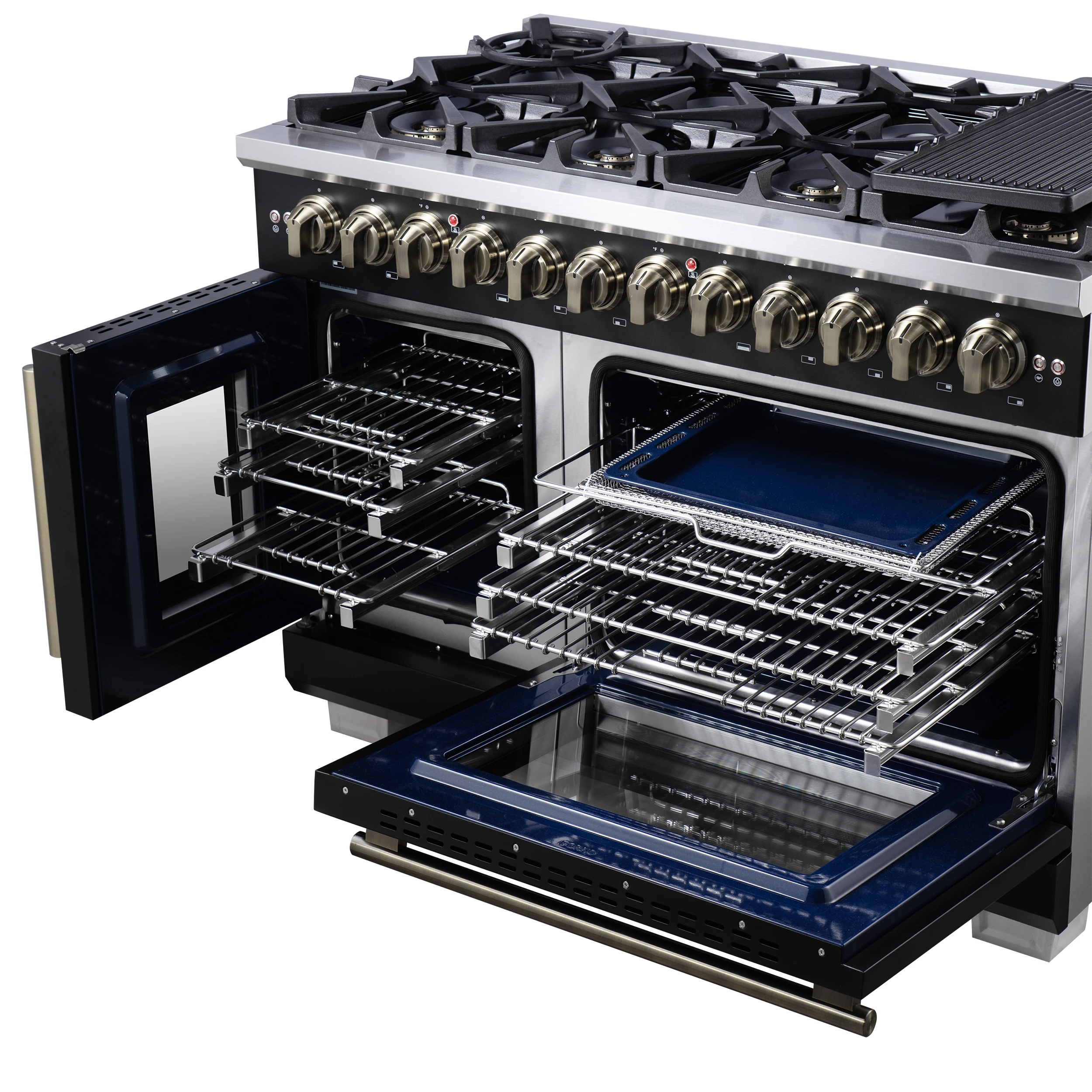 Capriasca 48 Inch Freestanding French Door Dual Fuel Range in Black with Antique Brass Accessories, 8 Burners, True Convection Oven FFSGS638748BLK