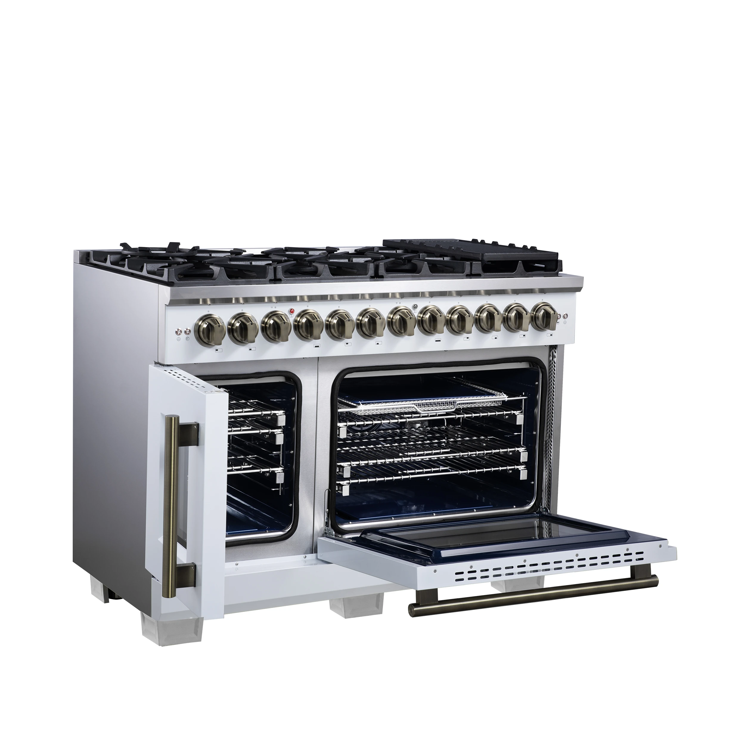 Capriasca 48 Inch Freestanding French Door Dual Fuel Range in White with Antique Brass Accessories, 8 Burners, True Convection Oven FFSGS638748WHT