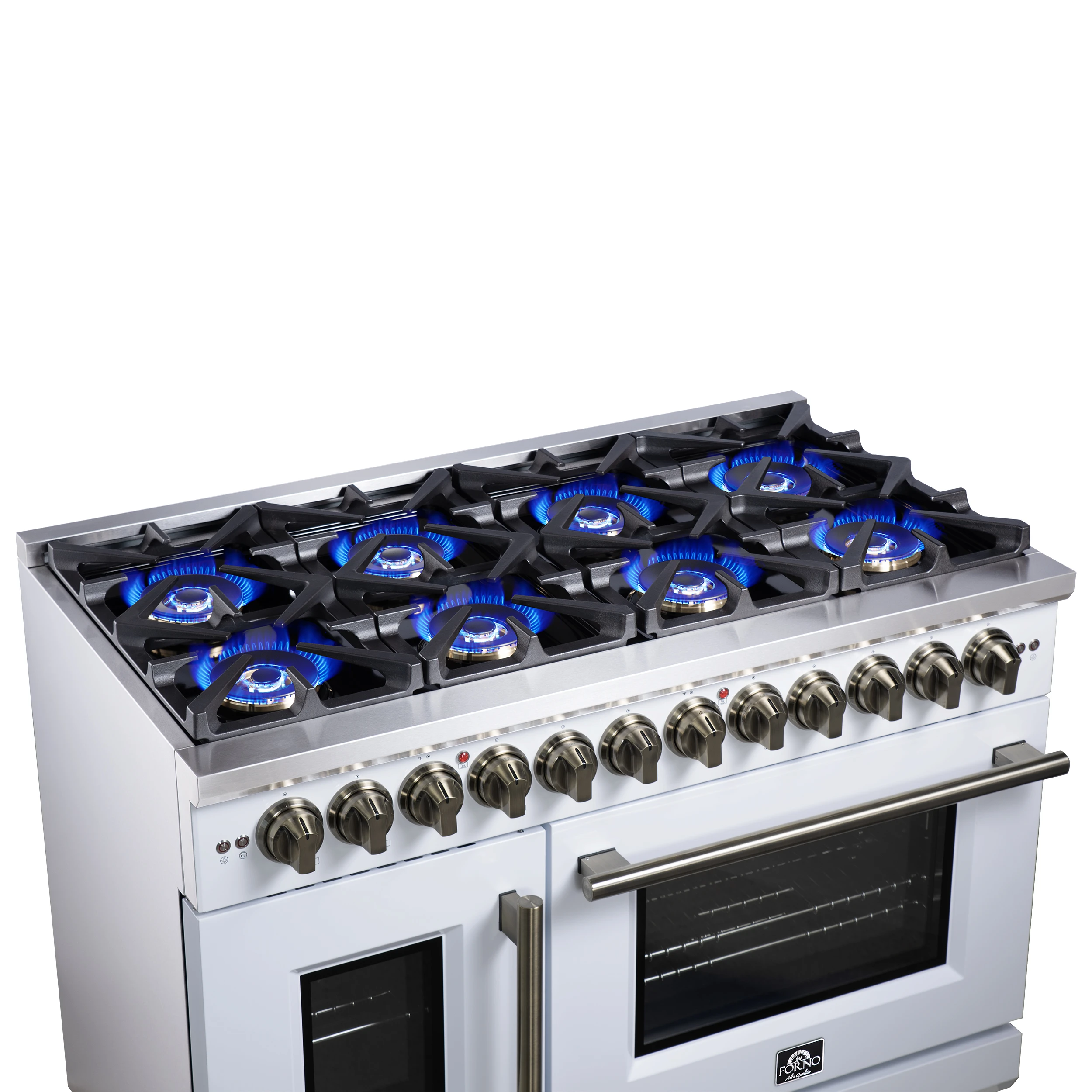 Capriasca 48 Inch Freestanding French Door Dual Fuel Range in White with Antique Brass Accessories, 8 Burners, True Convection Oven FFSGS638748WHT