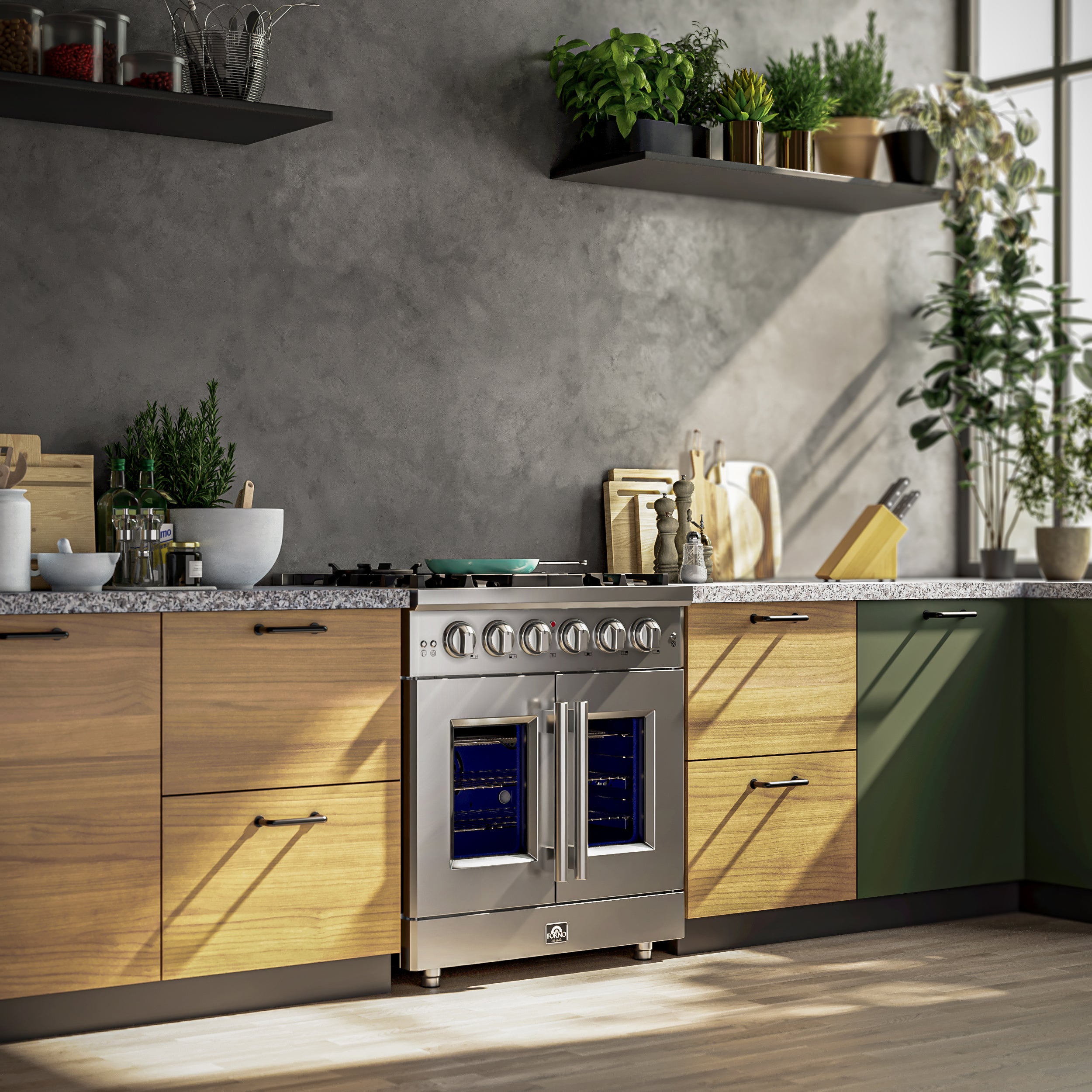 Massimo 30-Inch Freestanding French Door Gas Range, 4 Burners, Convection Oven, Energy Efficient FFSGS643930