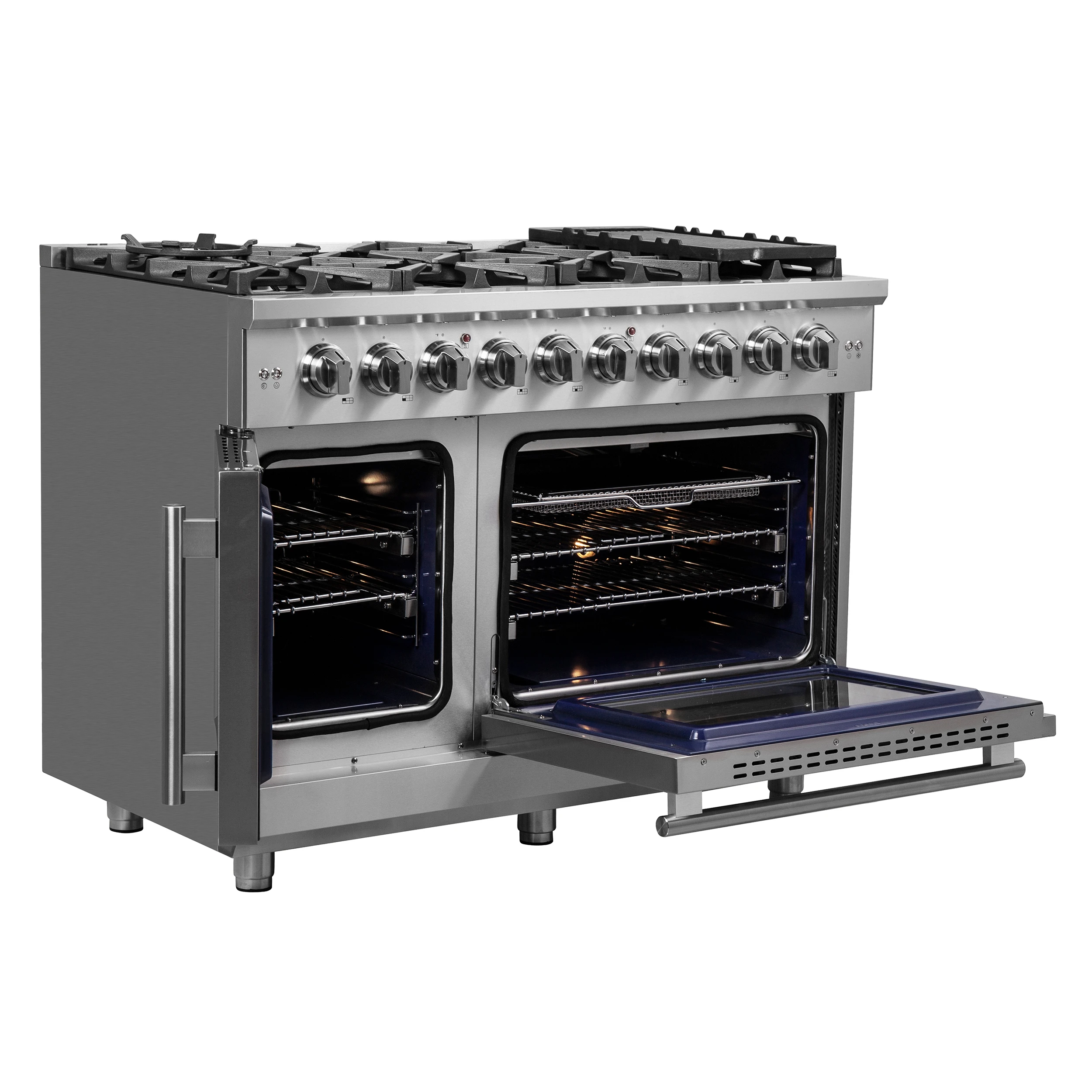 Massimo 48-Inch Freestanding French Door Gas Range, 8 Burners, Convection Oven, Energy Efficient FFSGS643948