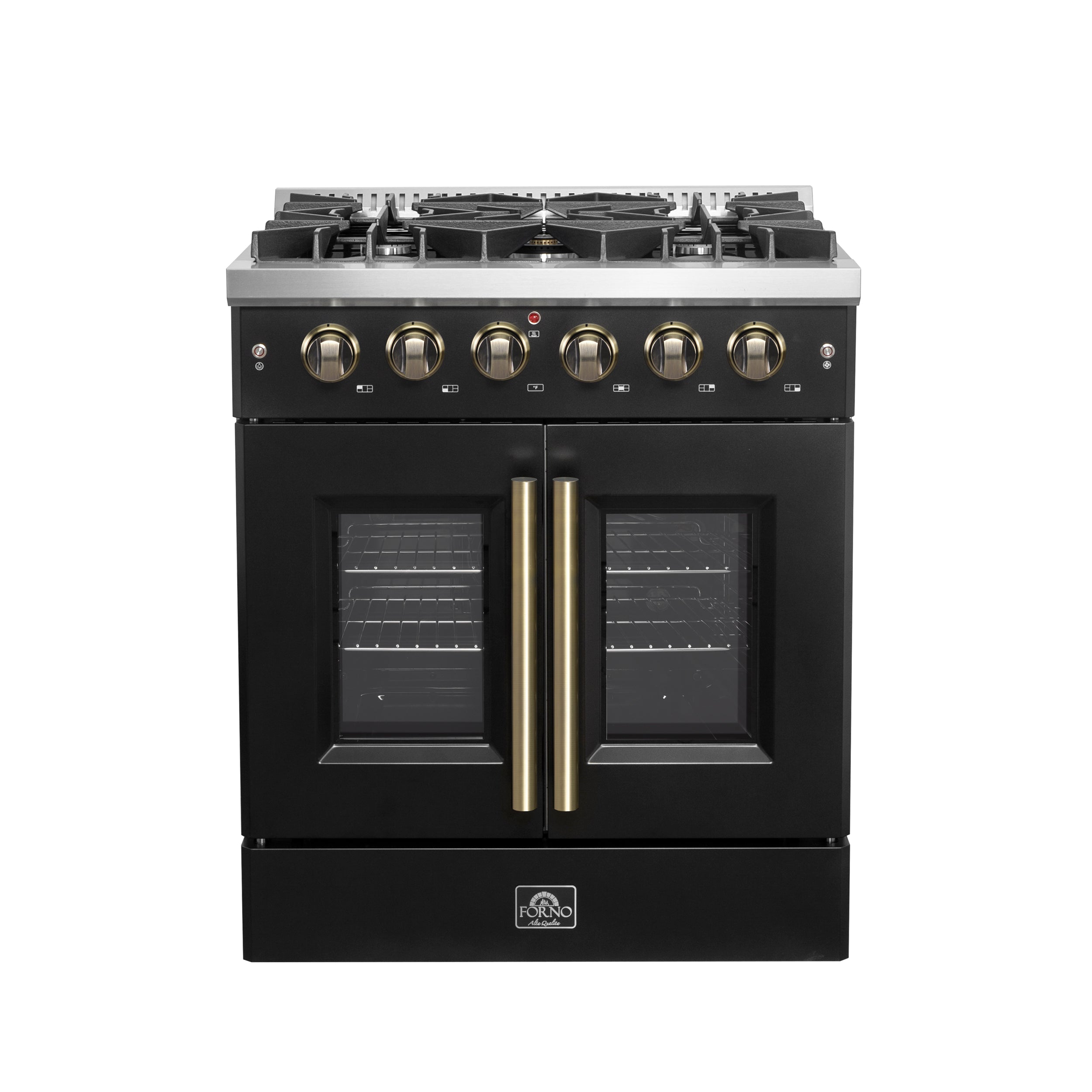 Galiano 30-inch French Door Gas Range and Antique Brass Design, 5 Sealed Burners 68,000 BTU, 4.32 cu.ft. Convection Oven FFSGS644430BLK
