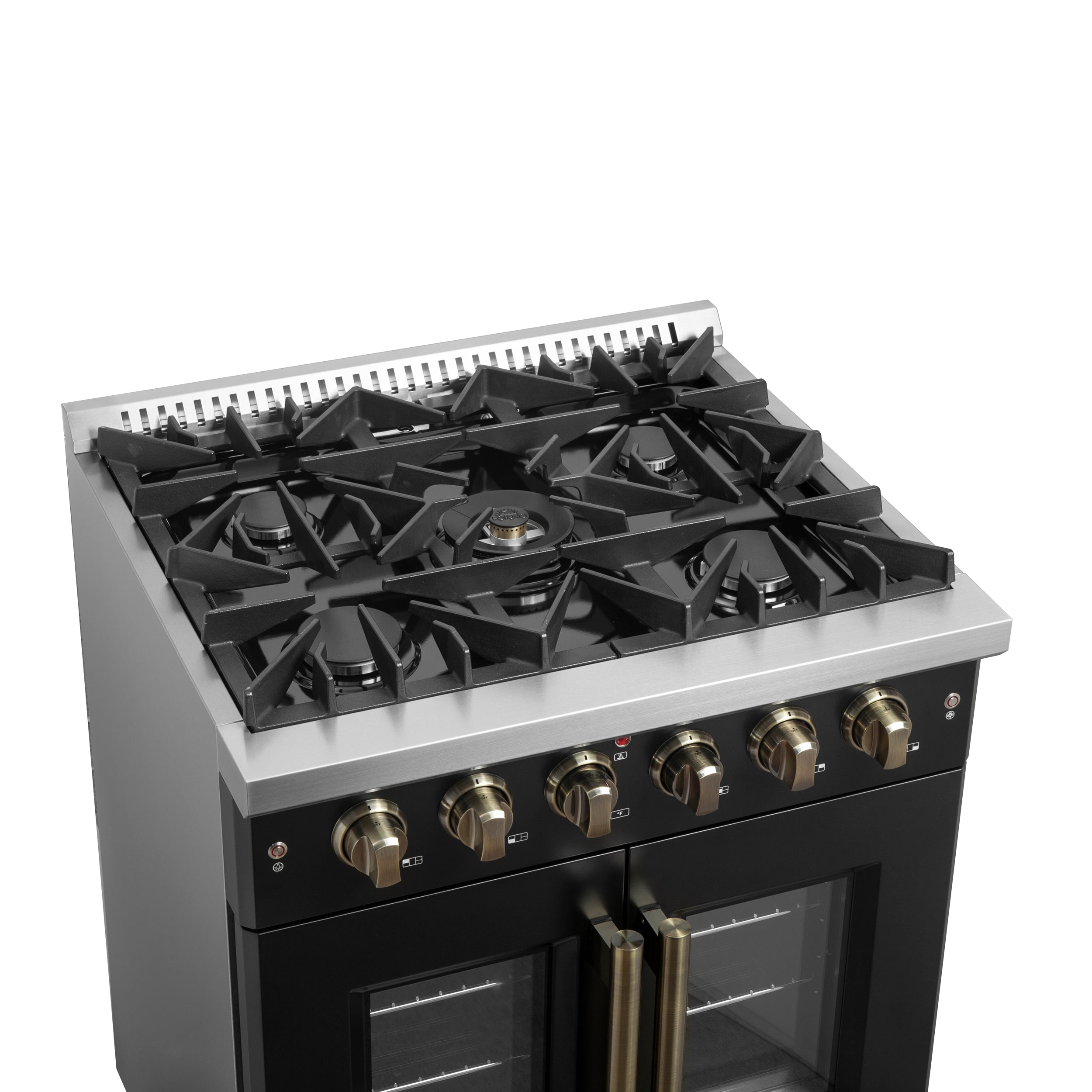 Galiano 30-inch French Door Gas Range and Antique Brass Design, 5 Sealed Burners 68,000 BTU, 4.32 cu.ft. Convection Oven FFSGS644430BLK