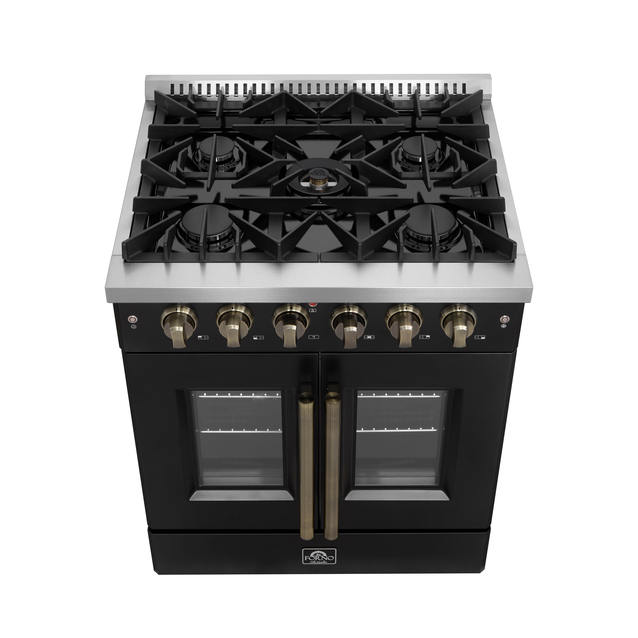 Galiano 30-inch French Door Gas Range and Antique Brass Design, 5 Sealed Burners 68,000 BTU, 4.32 cu.ft. Convection Oven FFSGS644430BLK
