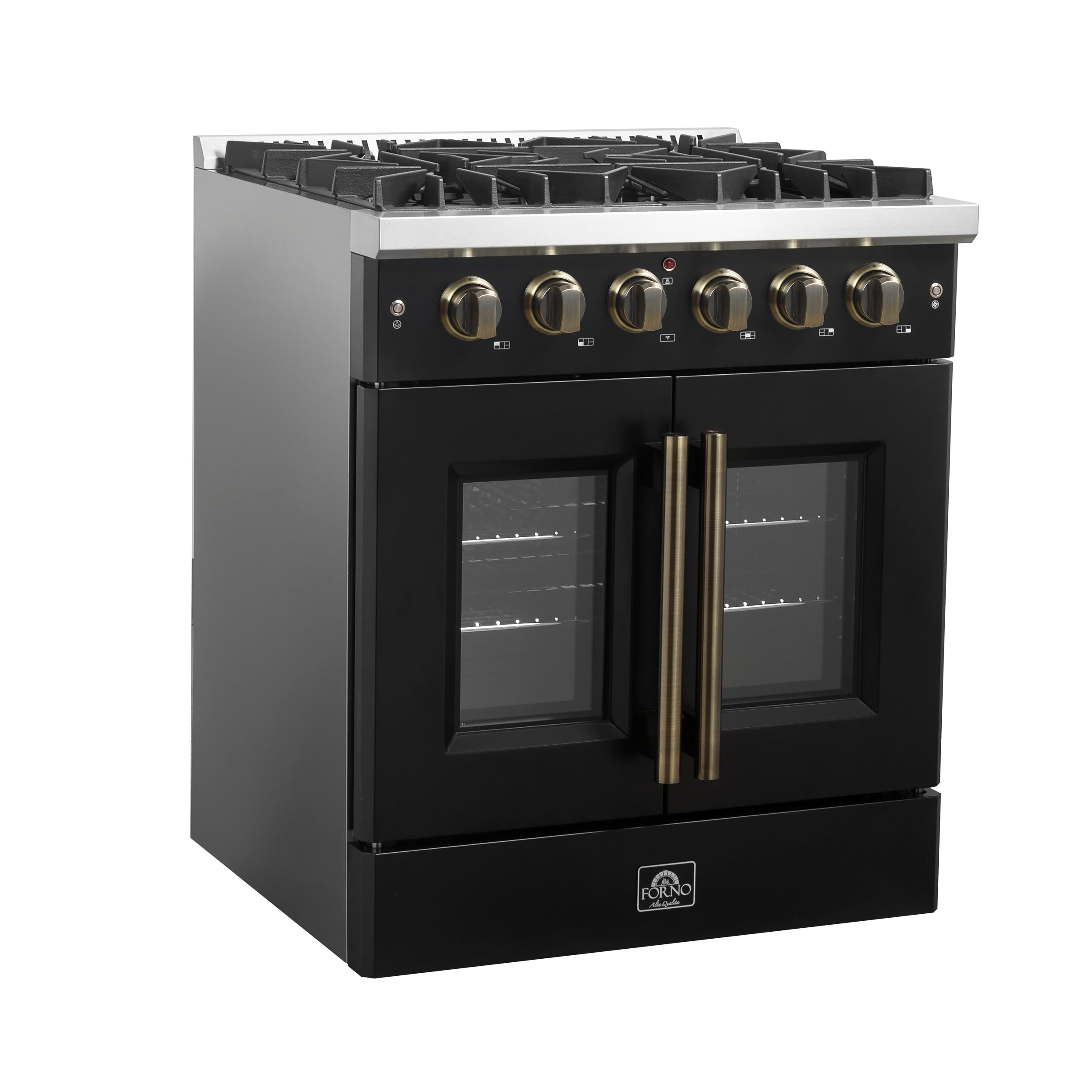 Galiano 30-inch French Door Gas Range and Antique Brass Design, 5 Sealed Burners 68,000 BTU, 4.32 cu.ft. Convection Oven FFSGS644430BLK
