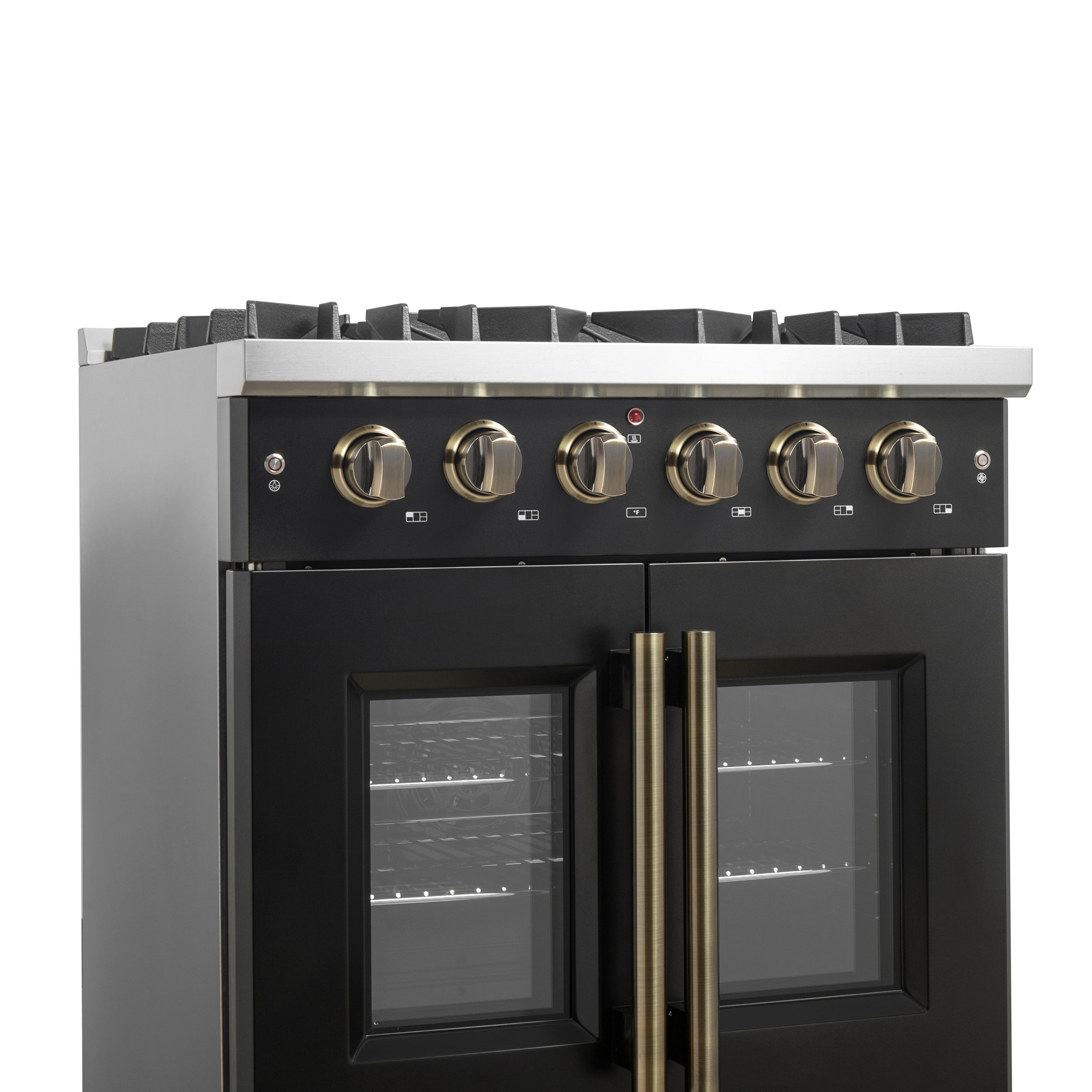 Galiano 30-inch French Door Gas Range and Antique Brass Design, 5 Sealed Burners 68,000 BTU, 4.32 cu.ft. Convection Oven FFSGS644430BLK