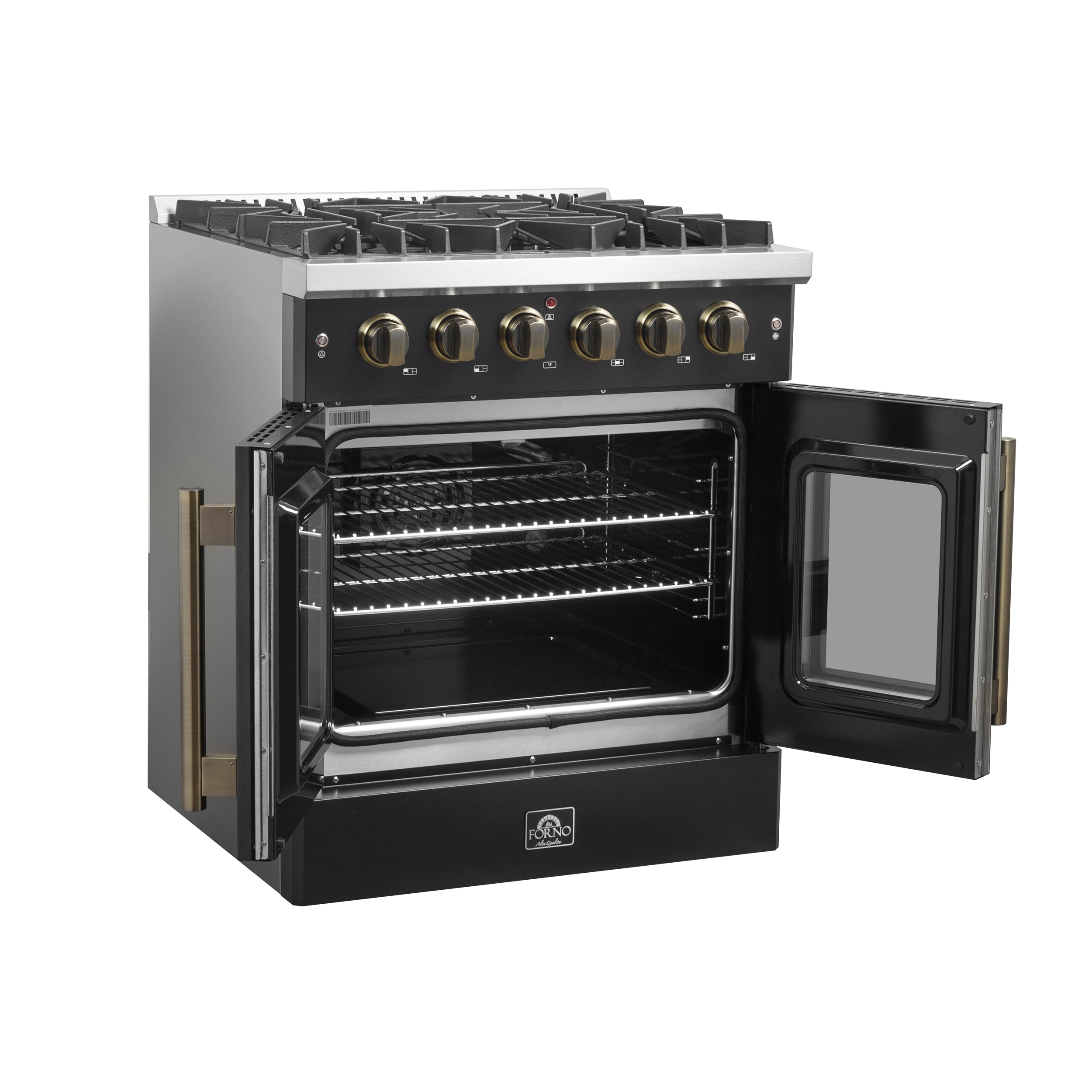Galiano 30-inch French Door Gas Range and Antique Brass Design, 5 Sealed Burners 68,000 BTU, 4.32 cu.ft. Convection Oven FFSGS644430BLK