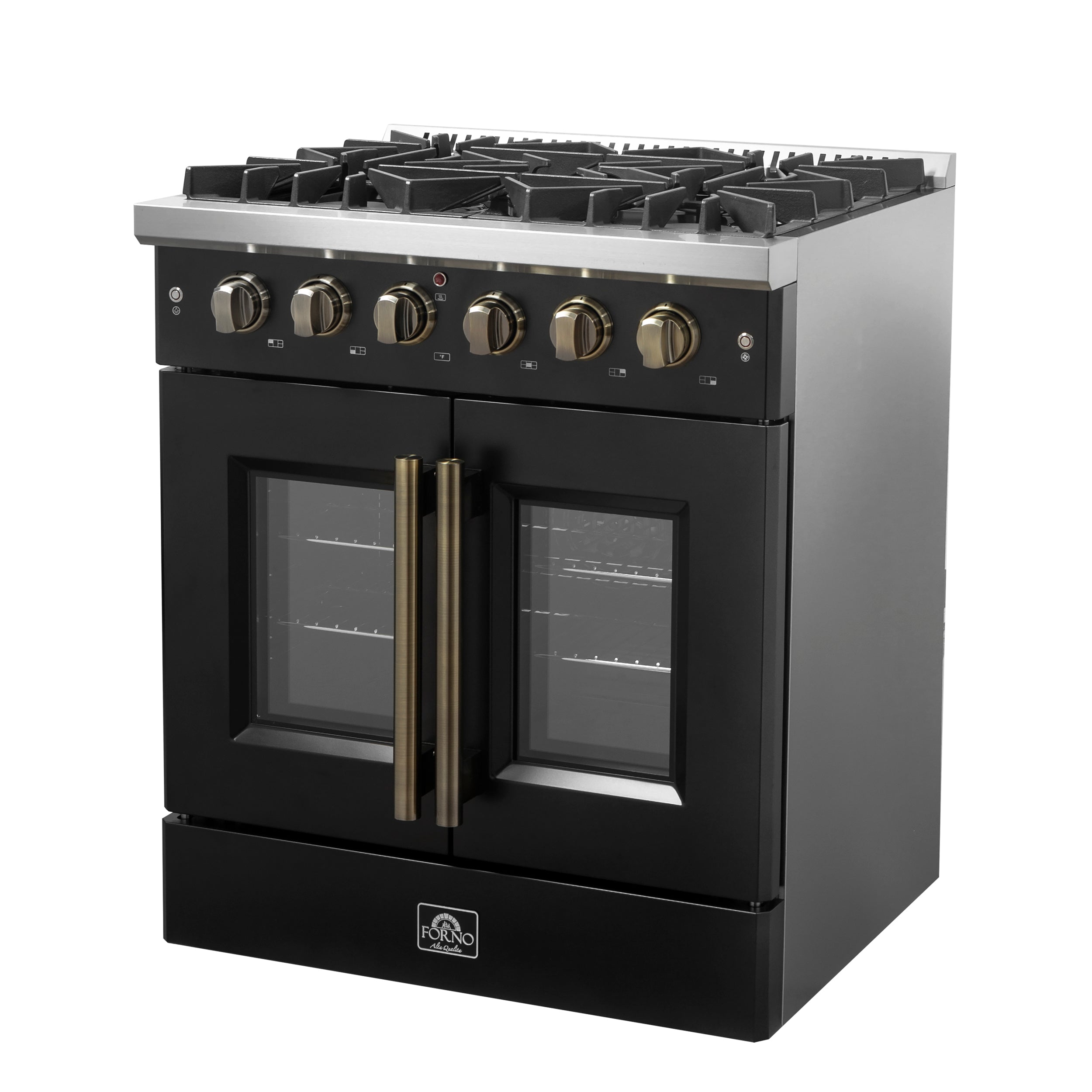 Galiano 30-inch French Door Gas Range and Antique Brass Design, 5 Sealed Burners 68,000 BTU, 4.32 cu.ft. Convection Oven FFSGS644430BLK