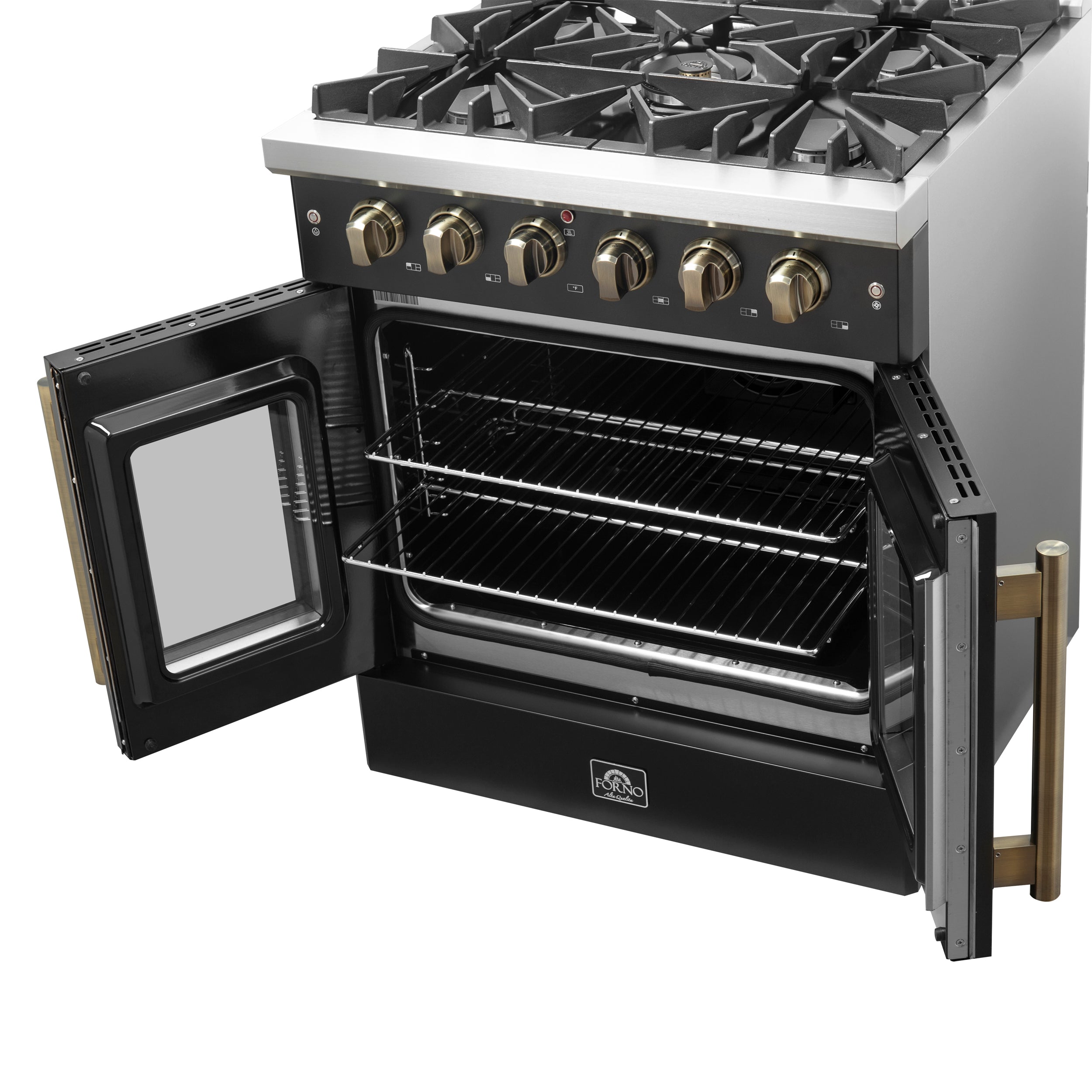 Galiano 30-inch French Door Gas Range and Antique Brass Design, 5 Sealed Burners 68,000 BTU, 4.32 cu.ft. Convection Oven FFSGS644430BLK