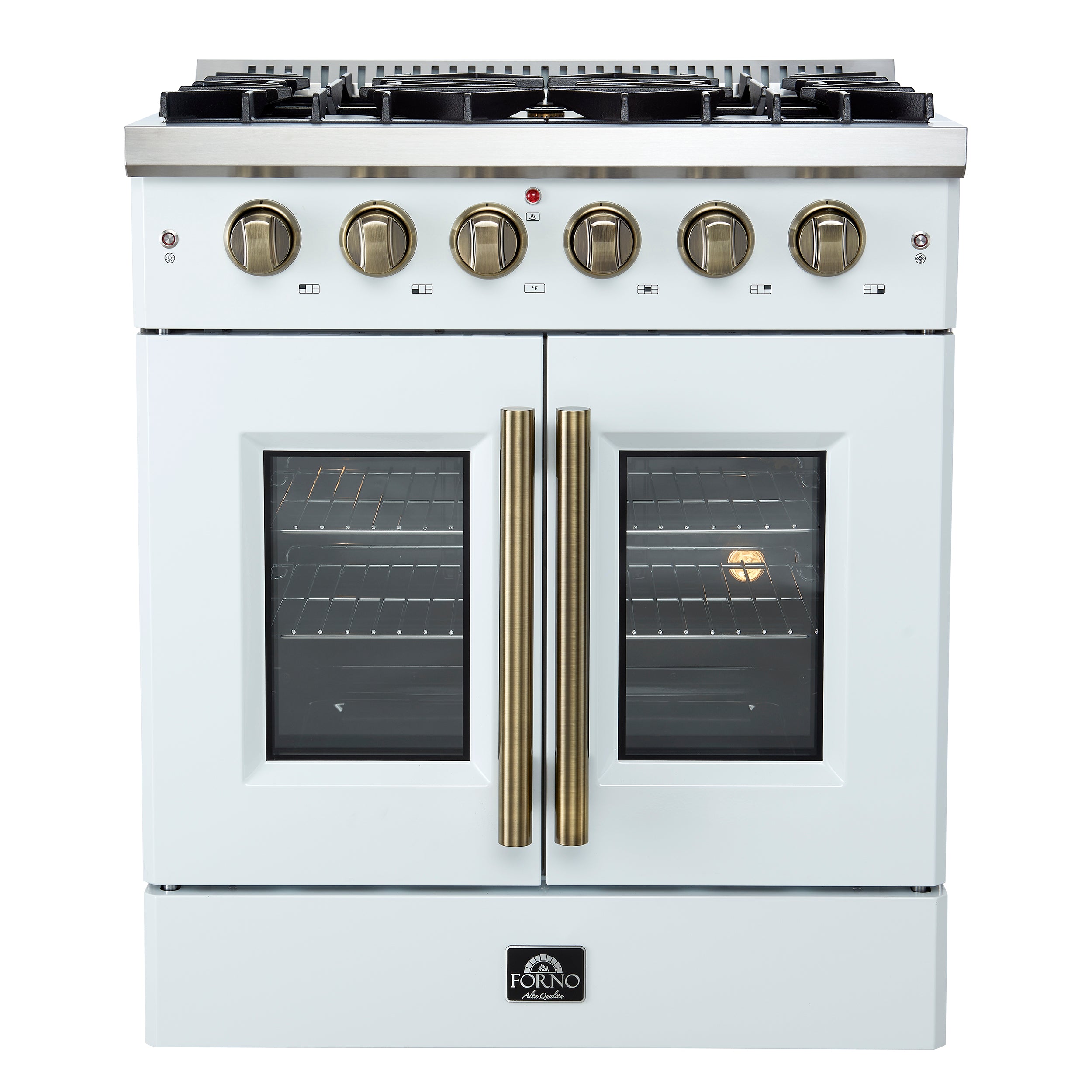Galiano 30-inch French Door Gas Range with Antique Brass Design, 5 Burners, 68,000 BTU, 4.32 cu.ft. Convection Oven FFSGS644430WHT