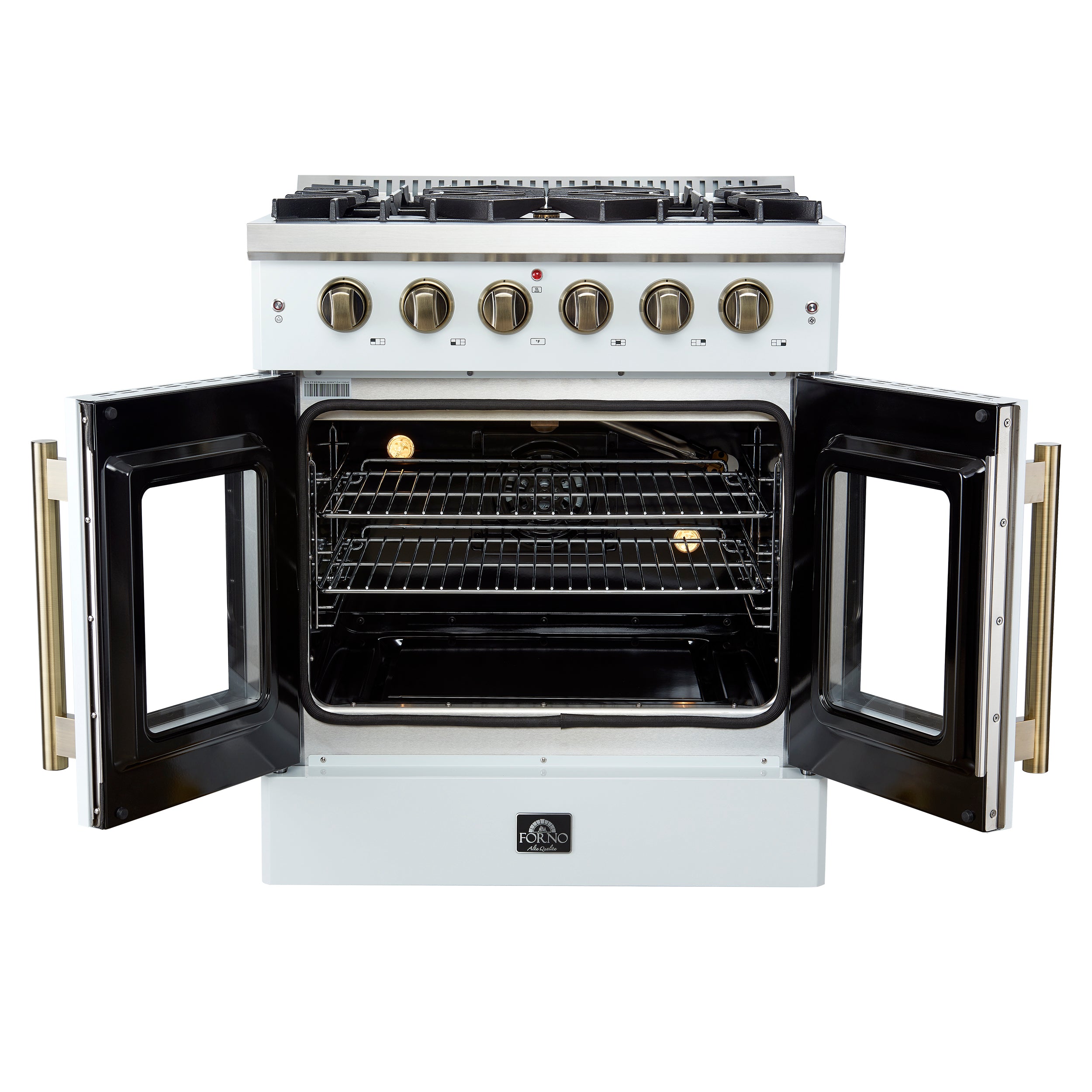 Galiano 30-inch French Door Gas Range with Antique Brass Design, 5 Burners, 68,000 BTU, 4.32 cu.ft. Convection Oven FFSGS644430WHT