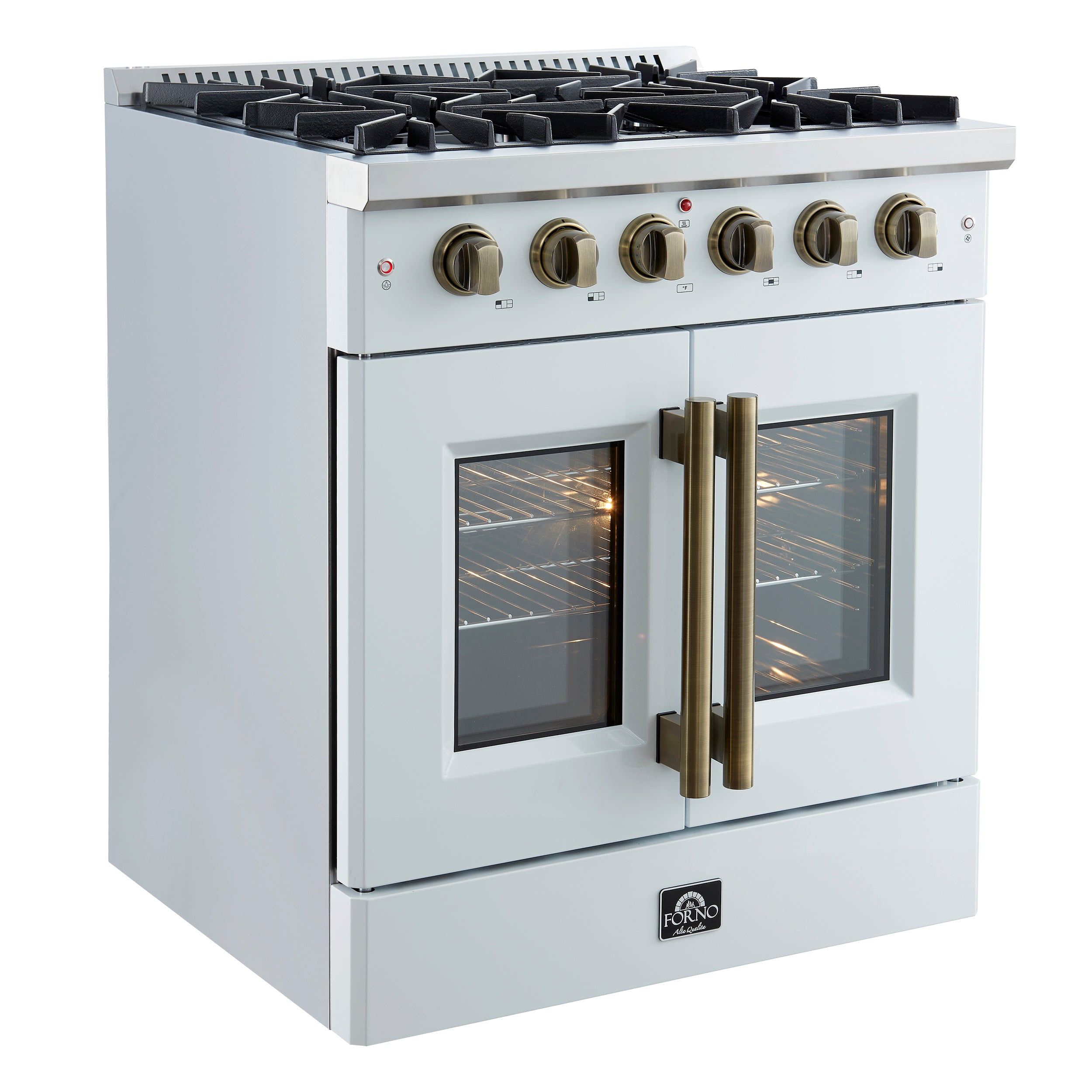 Galiano 30-inch French Door Gas Range with Antique Brass Design, 5 Burners, 68,000 BTU, 4.32 cu.ft. Convection Oven FFSGS644430WHT