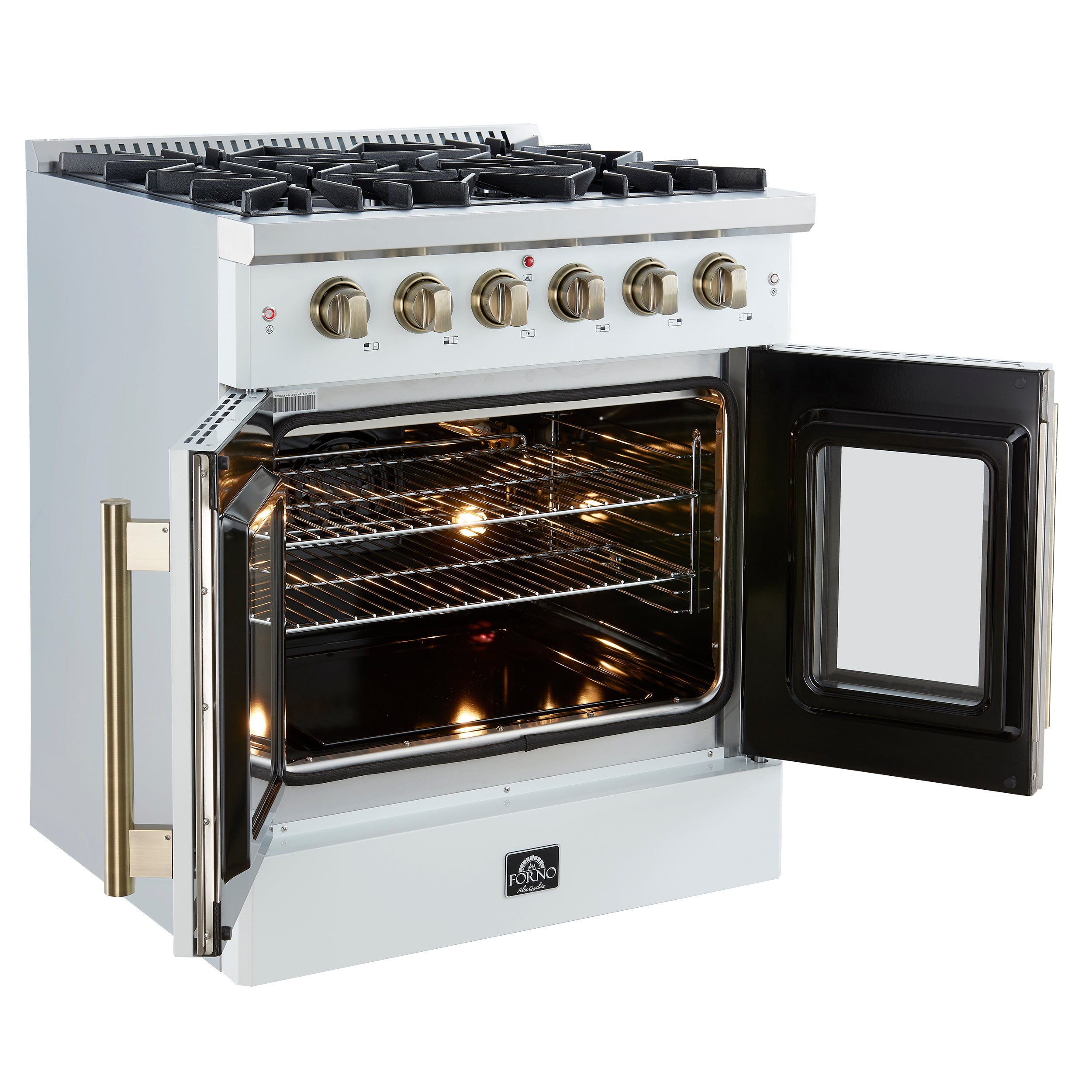 Galiano 30-inch French Door Gas Range with Antique Brass Design, 5 Burners, 68,000 BTU, 4.32 cu.ft. Convection Oven FFSGS644430WHT