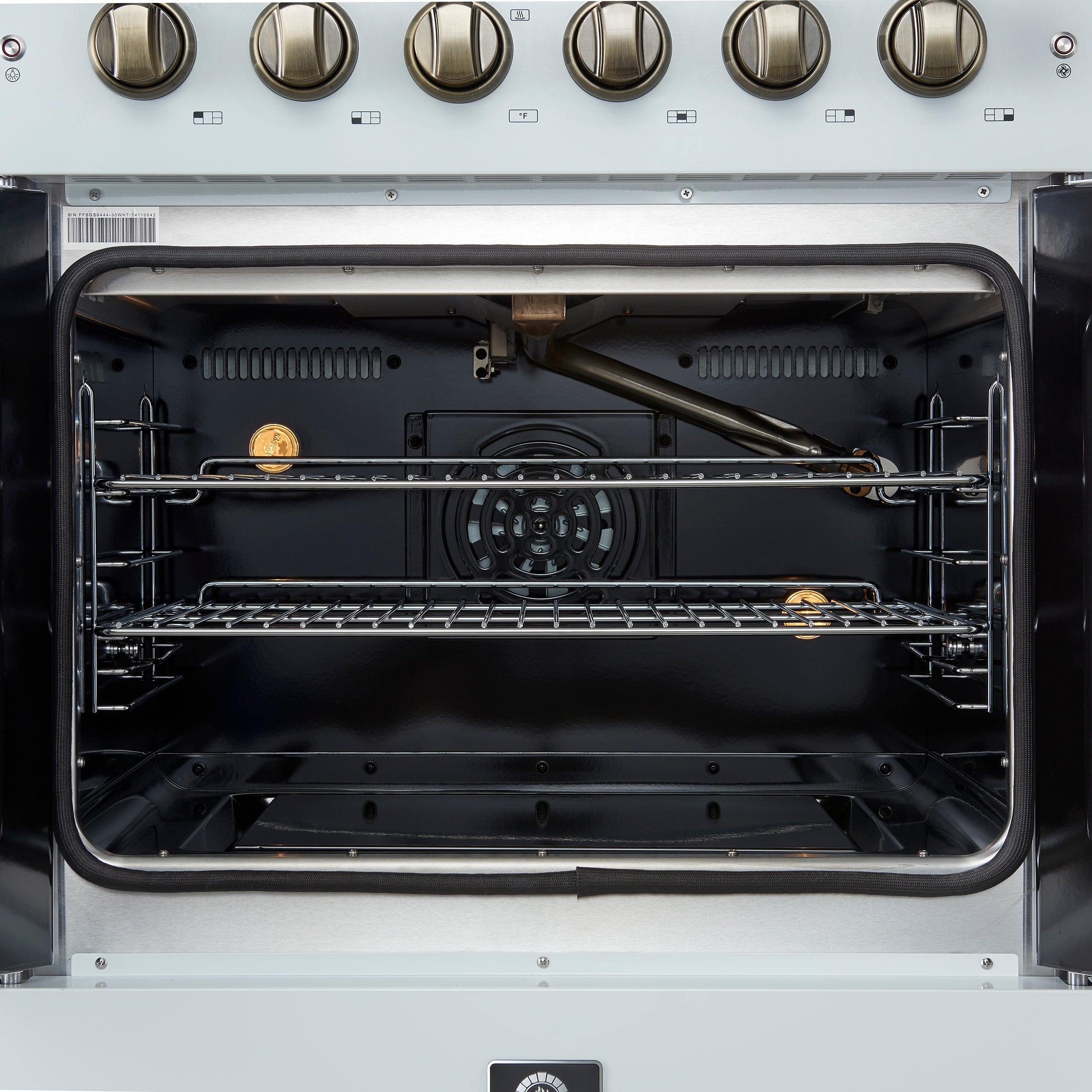 Galiano 30-inch French Door Gas Range with Antique Brass Design, 5 Burners, 68,000 BTU, 4.32 cu.ft. Convection Oven FFSGS644430WHT