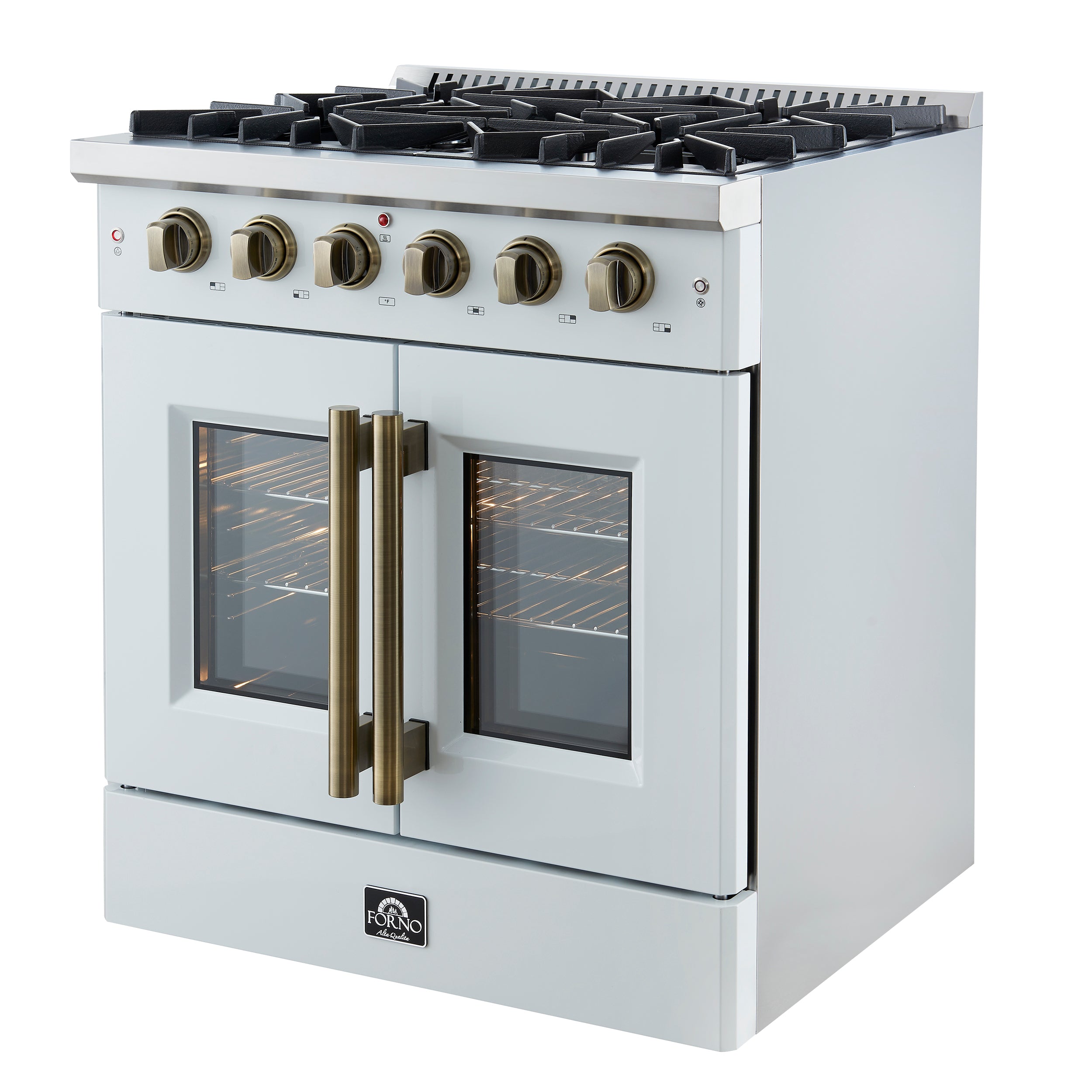 Galiano 30-inch French Door Gas Range with Antique Brass Design, 5 Burners, 68,000 BTU, 4.32 cu.ft. Convection Oven FFSGS644430WHT