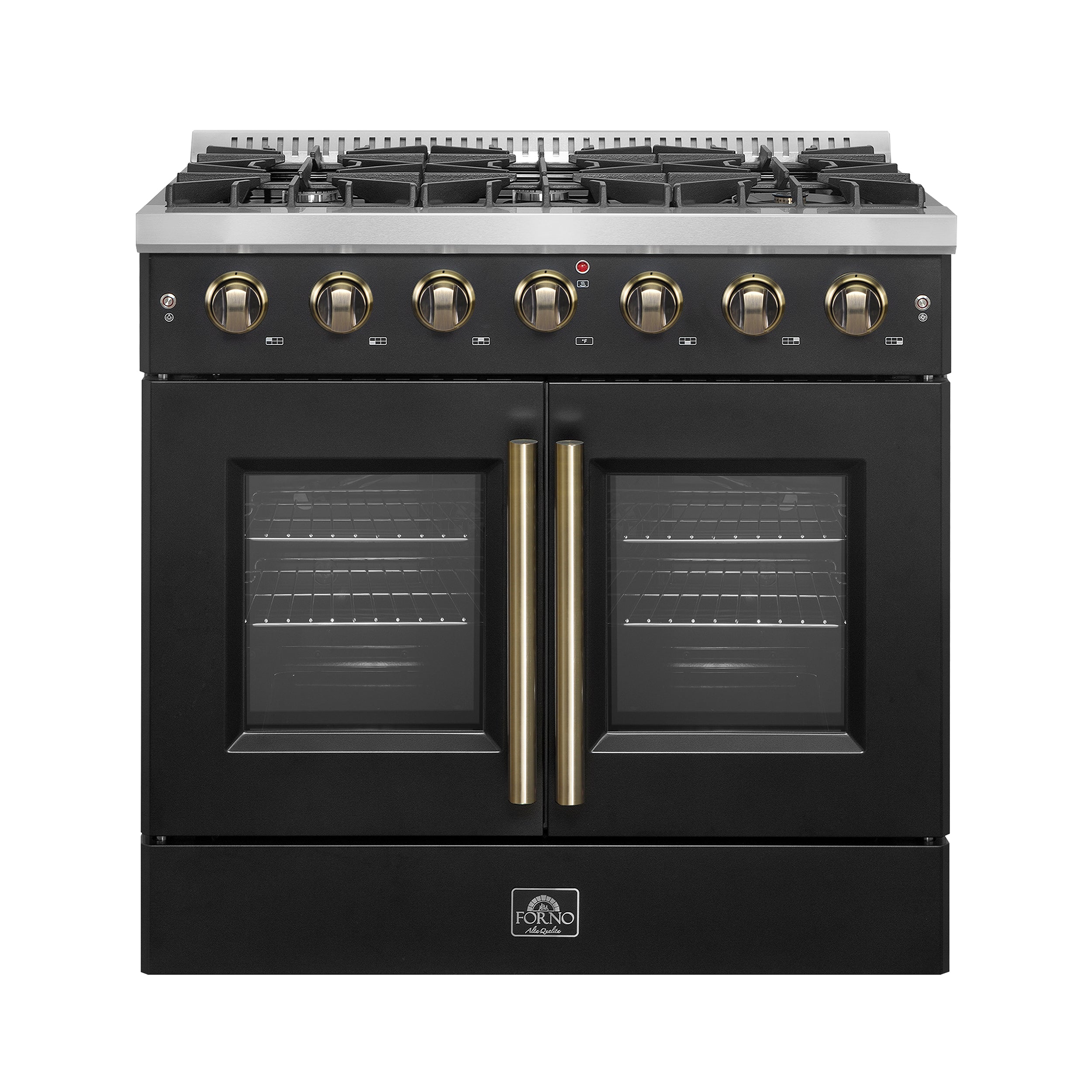 Galiano 36-inch French Door Gas Range and Antique Brass Design, 6 Sealed Burners 83,000 BTU, 5.36 cu.ft. Convection Oven FFSGS644436BLK