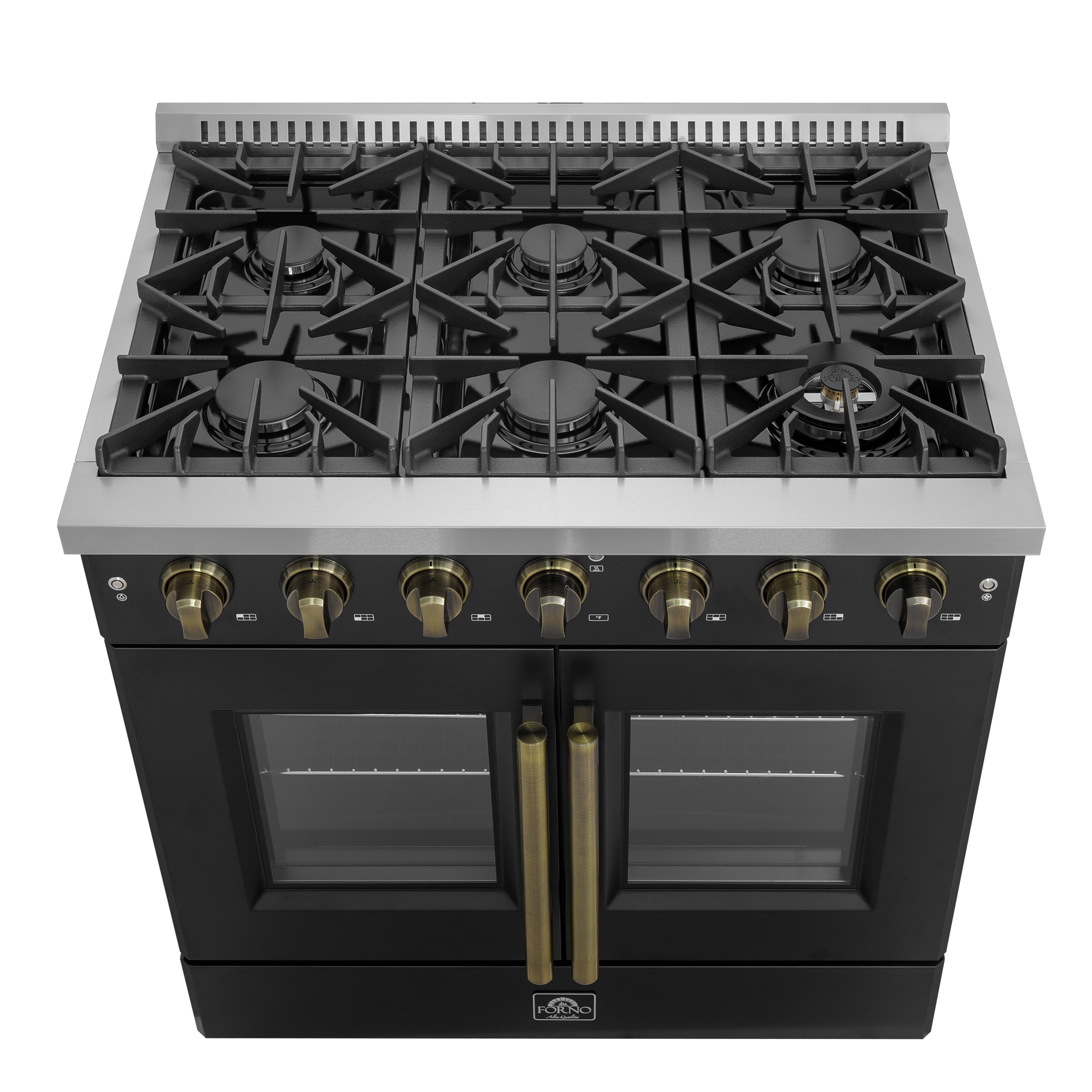 Galiano 36-inch French Door Gas Range and Antique Brass Design, 6 Sealed Burners 83,000 BTU, 5.36 cu.ft. Convection Oven FFSGS644436BLK