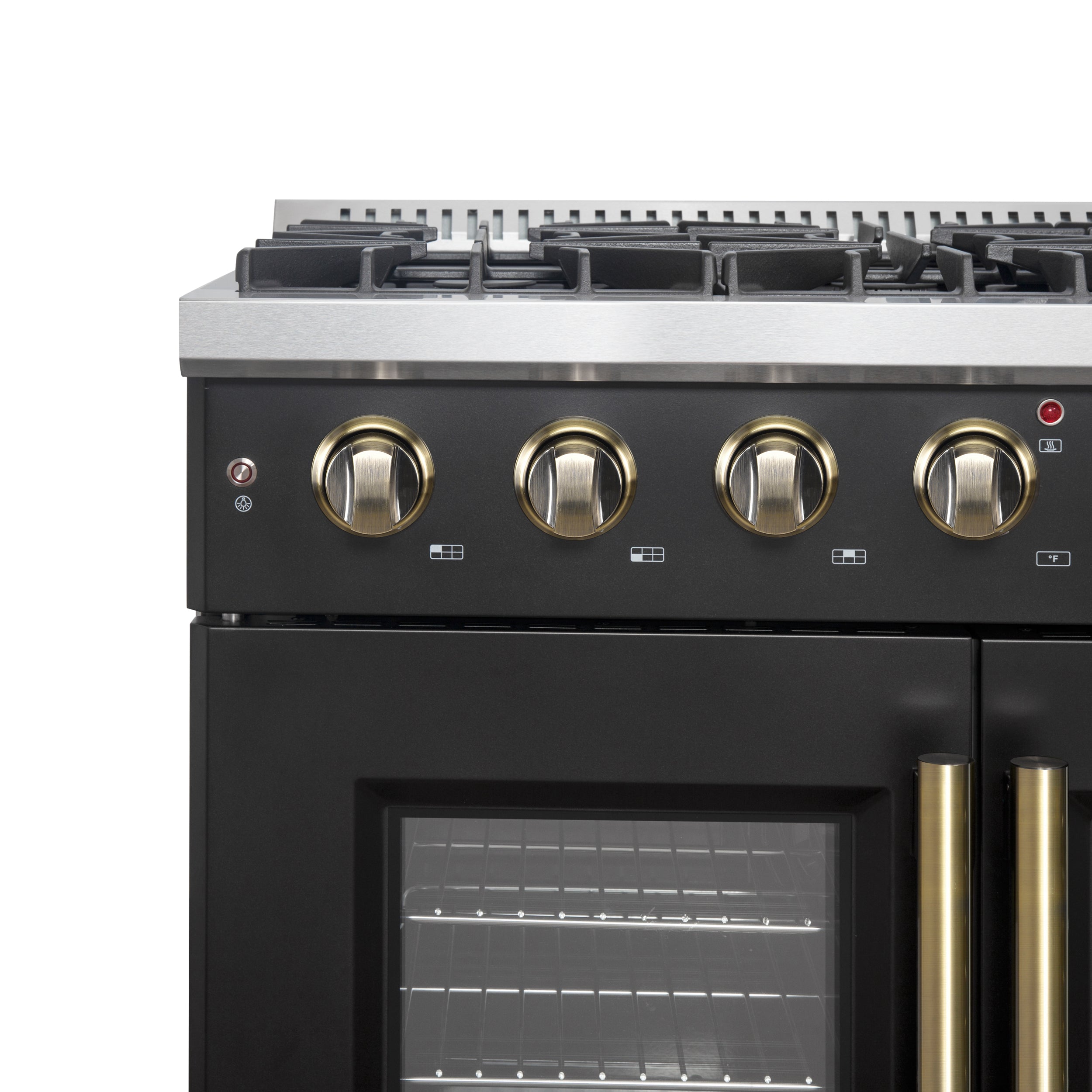 Galiano 36-inch French Door Gas Range and Antique Brass Design, 6 Sealed Burners 83,000 BTU, 5.36 cu.ft. Convection Oven FFSGS644436BLK