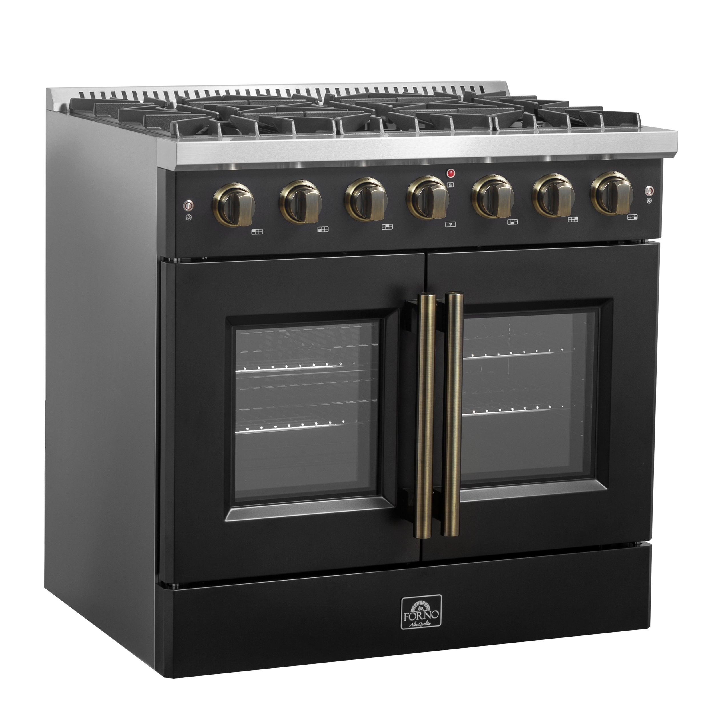 Galiano 36-inch French Door Gas Range and Antique Brass Design, 6 Sealed Burners 83,000 BTU, 5.36 cu.ft. Convection Oven FFSGS644436BLK