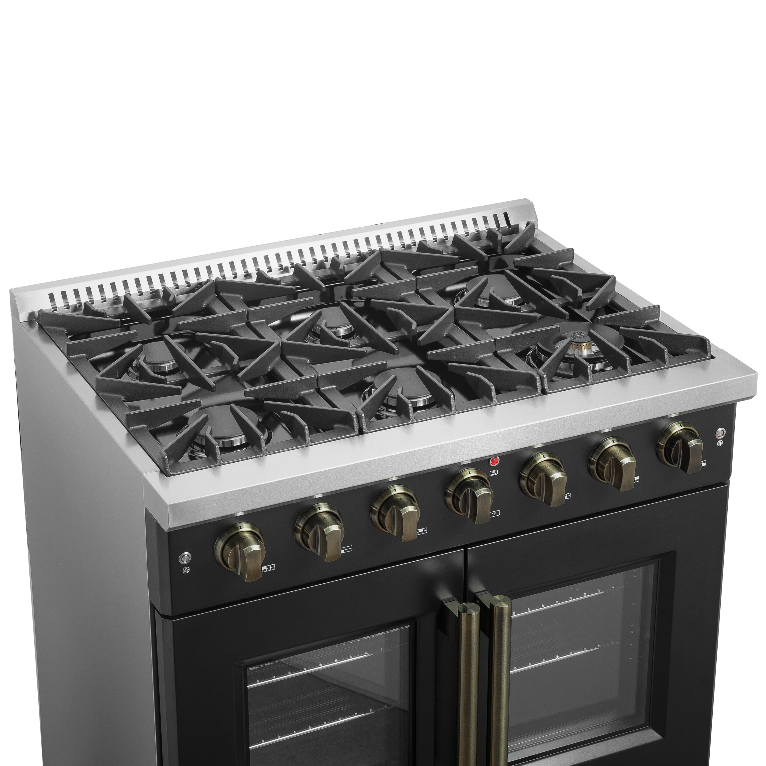 Galiano 36-inch French Door Gas Range and Antique Brass Design, 6 Sealed Burners 83,000 BTU, 5.36 cu.ft. Convection Oven FFSGS644436BLK