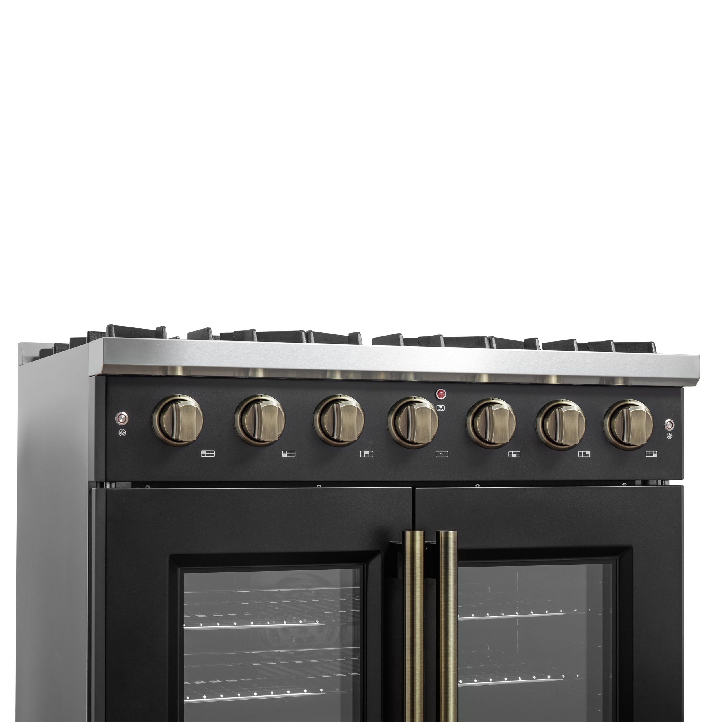 Galiano 36-inch French Door Gas Range and Antique Brass Design, 6 Sealed Burners 83,000 BTU, 5.36 cu.ft. Convection Oven FFSGS644436BLK