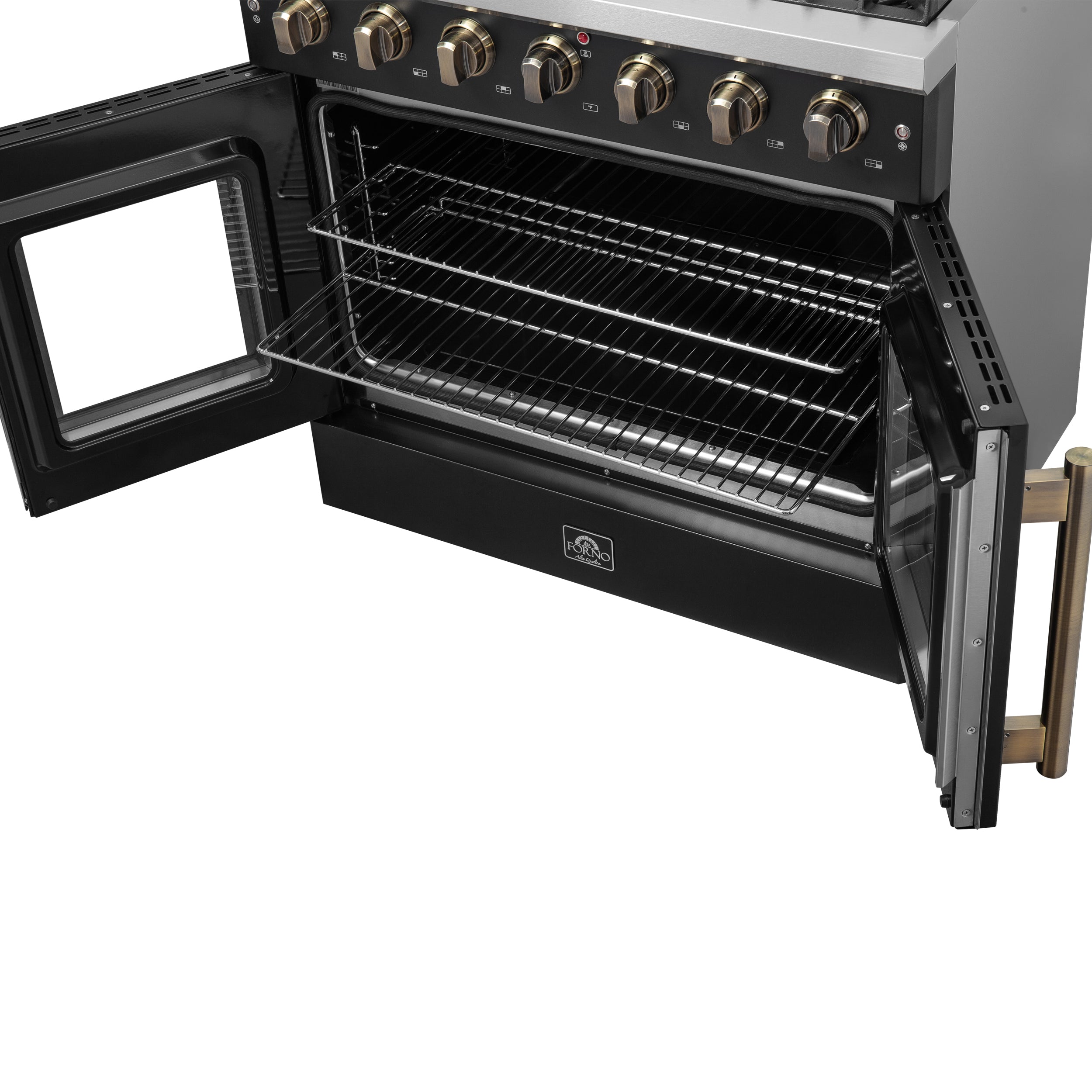 Galiano 36-inch French Door Gas Range and Antique Brass Design, 6 Sealed Burners 83,000 BTU, 5.36 cu.ft. Convection Oven FFSGS644436BLK