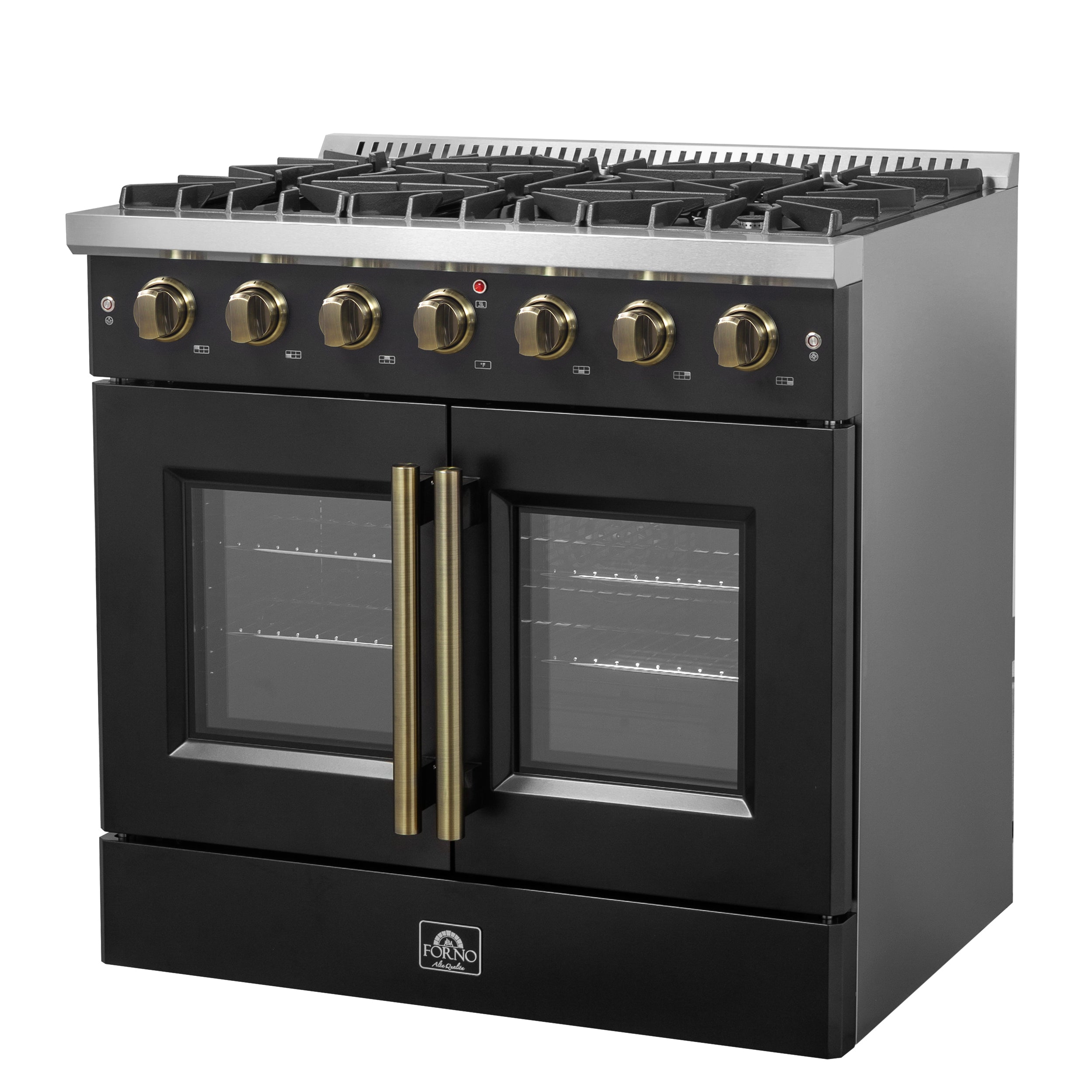 Galiano 36-inch French Door Gas Range and Antique Brass Design, 6 Sealed Burners 83,000 BTU, 5.36 cu.ft. Convection Oven FFSGS644436BLK