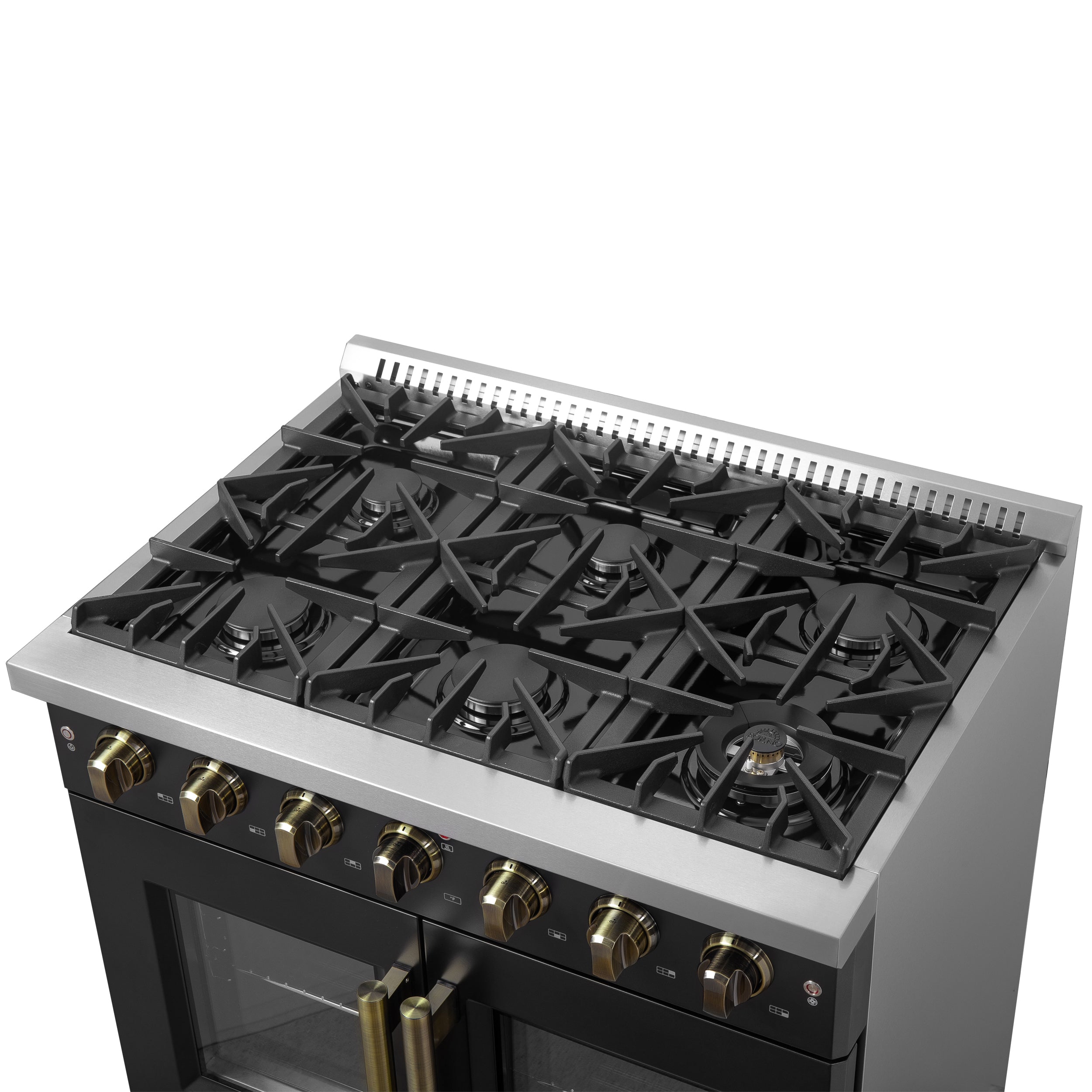 Galiano 36-inch French Door Gas Range and Antique Brass Design, 6 Sealed Burners 83,000 BTU, 5.36 cu.ft. Convection Oven FFSGS644436BLK