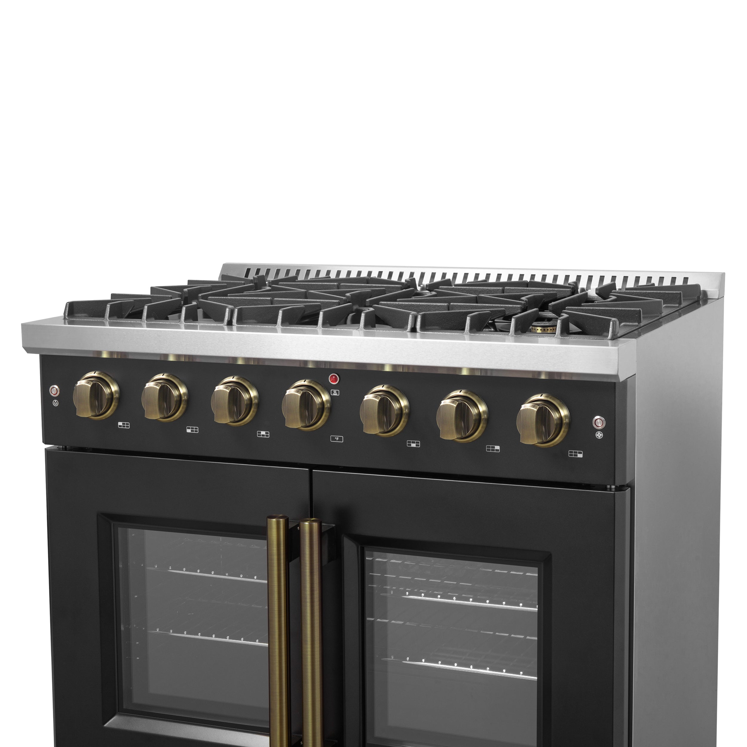 Galiano 36-inch French Door Gas Range and Antique Brass Design, 6 Sealed Burners 83,000 BTU, 5.36 cu.ft. Convection Oven FFSGS644436BLK
