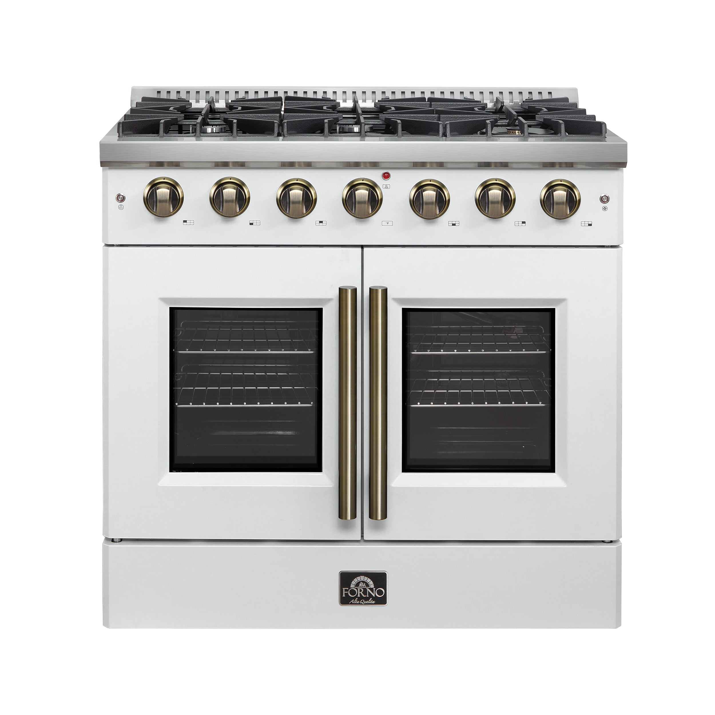 Galiano 36-inch French Door Gas Range and Antique Brass Design, 6 Sealed Burners 83,000 BTU, 5.36 cu.ft. Convection Oven FFSGS644436WHT