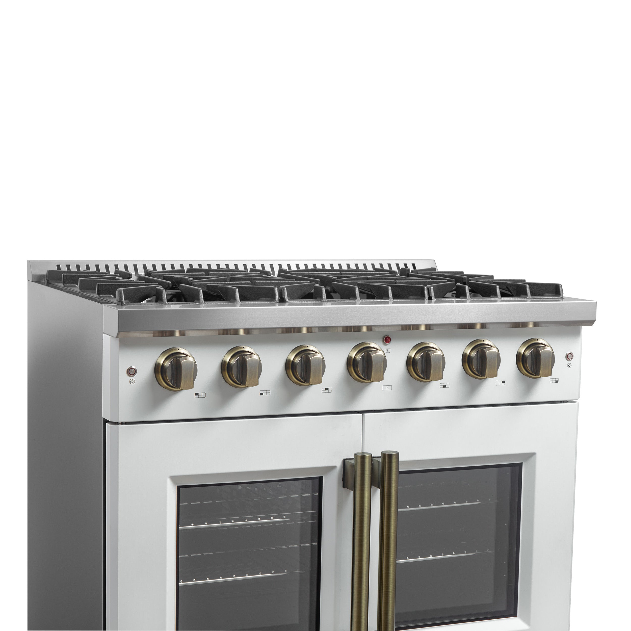 Galiano 36-inch French Door Gas Range and Antique Brass Design, 6 Sealed Burners 83,000 BTU, 5.36 cu.ft. Convection Oven FFSGS644436WHT