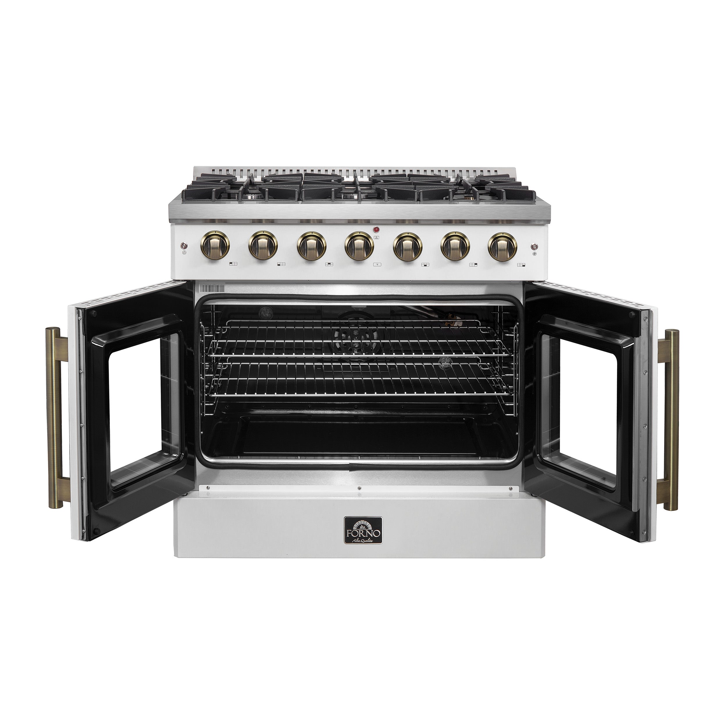 Galiano 36-inch French Door Gas Range and Antique Brass Design, 6 Sealed Burners 83,000 BTU, 5.36 cu.ft. Convection Oven FFSGS644436WHT