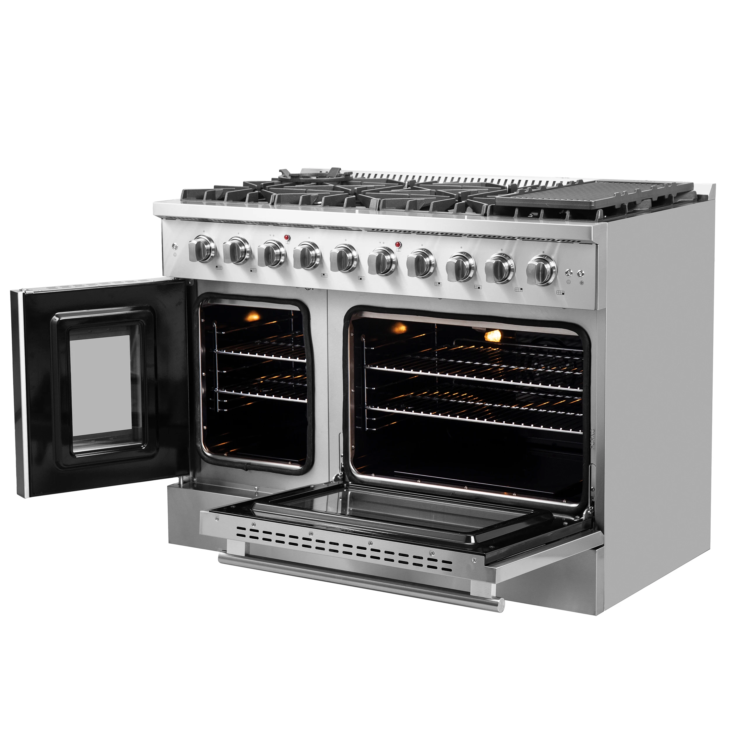 Galiano 48-Inch Freestanding French Door Gas Range, 8 Burners, Griddle, Convection Oven, Energy Efficient FFSGS644448