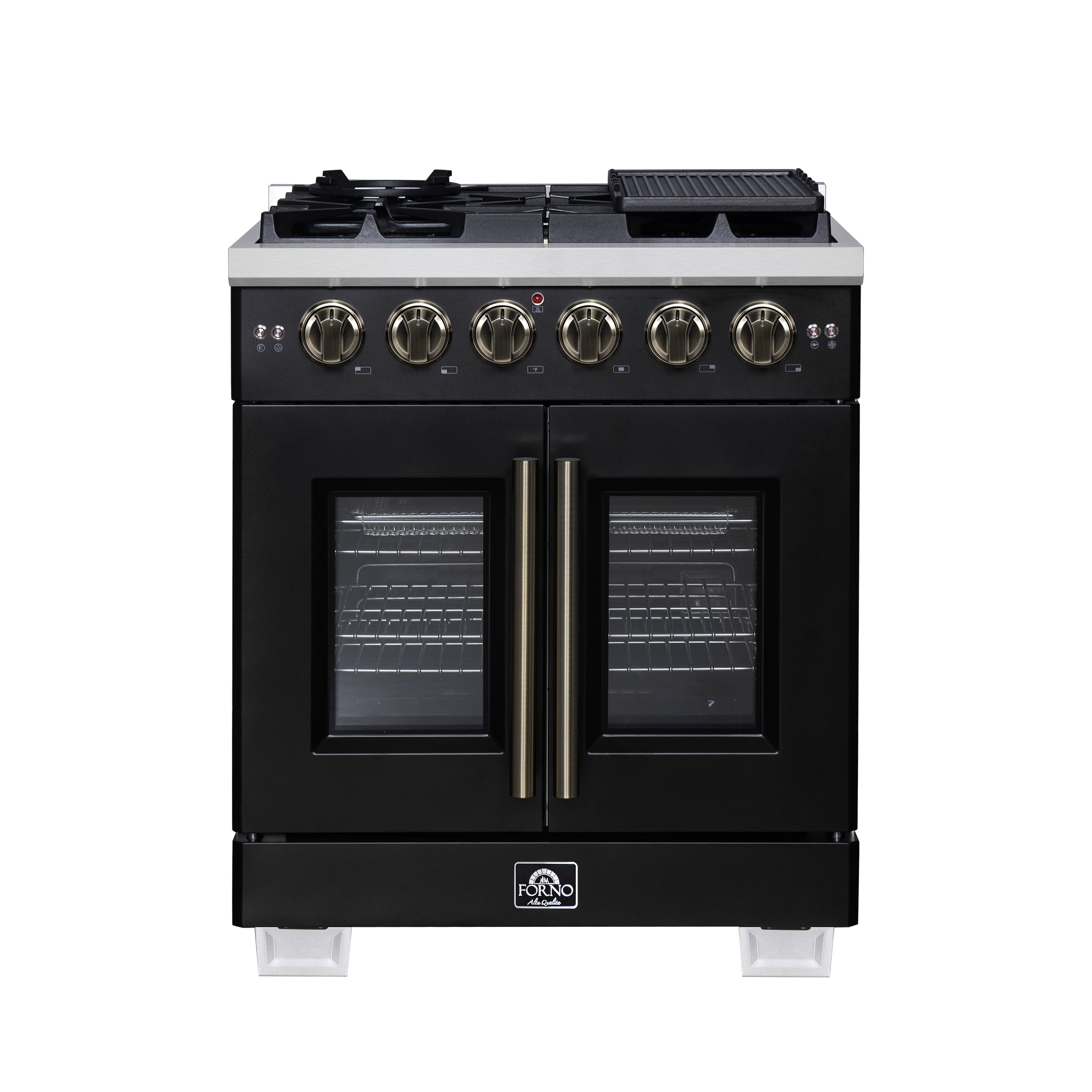 Capriasca 30-Inch Freestanding French Door Gas Range, 4 Burners, Convection Oven, Energy Efficient FFSGS646030BLK
