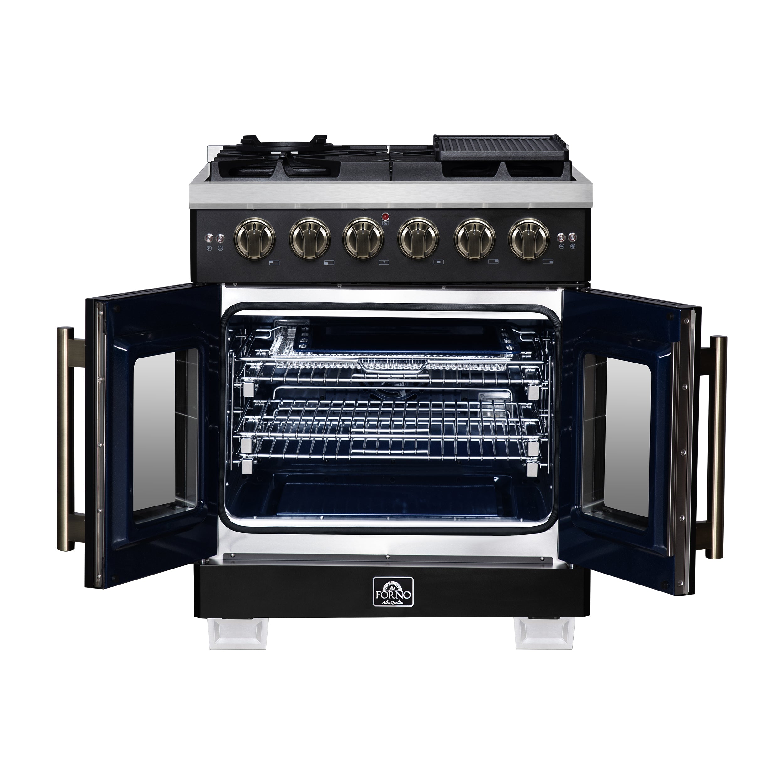 Capriasca 30-Inch Freestanding French Door Gas Range, 4 Burners, Convection Oven, Energy Efficient FFSGS646030BLK