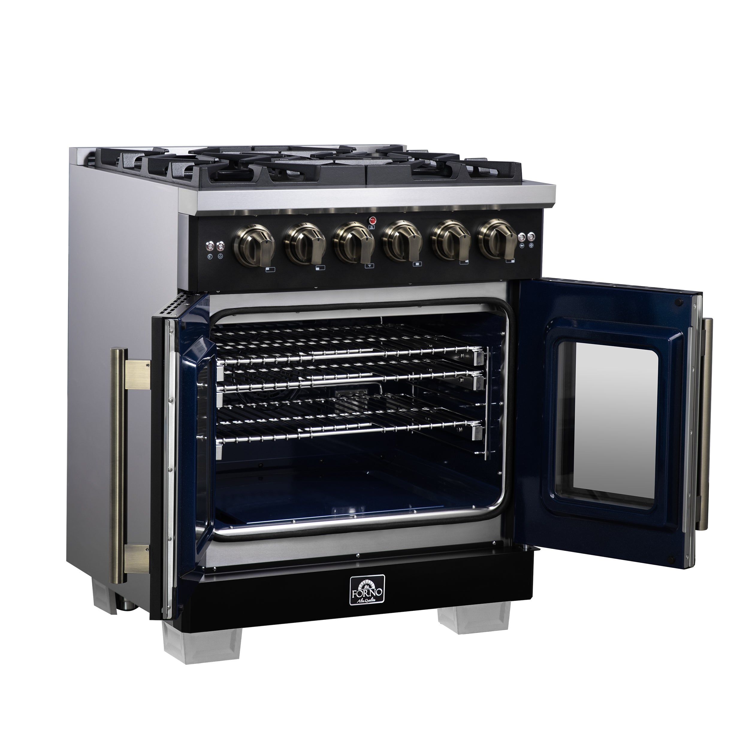 Capriasca 30-Inch Freestanding French Door Gas Range, 4 Burners, Convection Oven, Energy Efficient FFSGS646030BLK