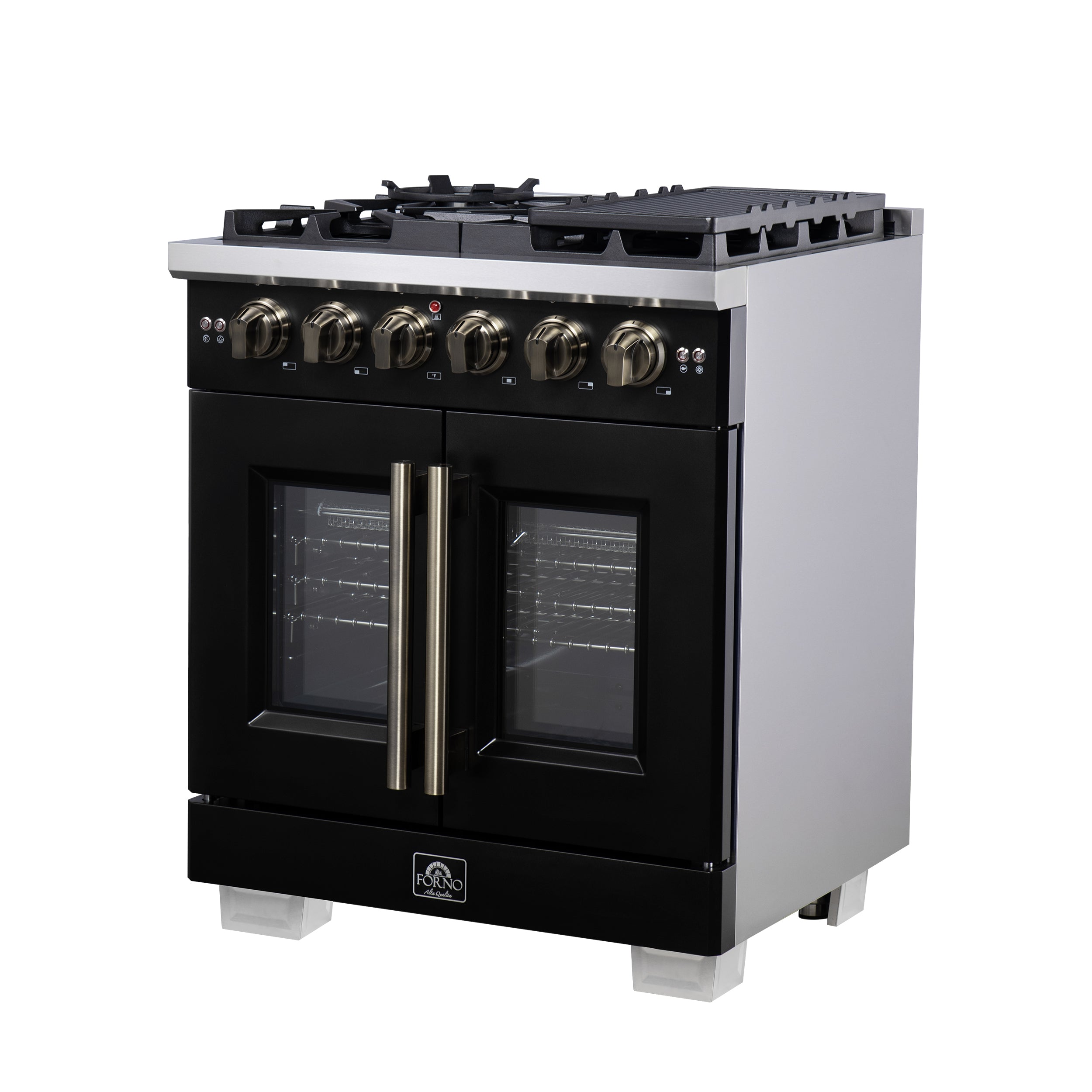 Capriasca 30-Inch Freestanding French Door Gas Range, 4 Burners, Convection Oven, Energy Efficient FFSGS646030BLK
